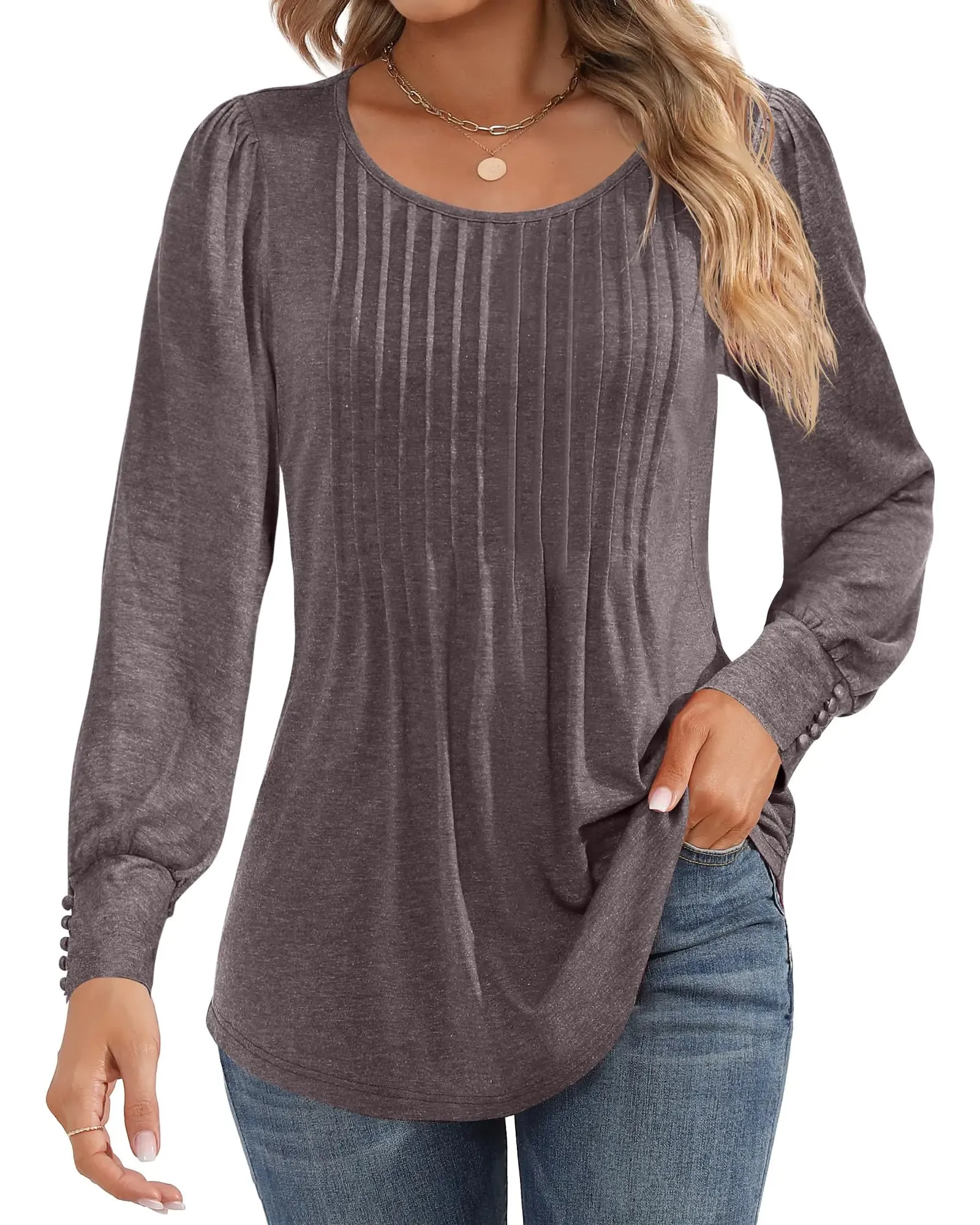 Ficerd Women's Puff Long Sleeve Tunic Tops Pleated Crew Neck Blouses Dressy Casual Loose Fit Fall and Winter Shirts Pink Floral Large
