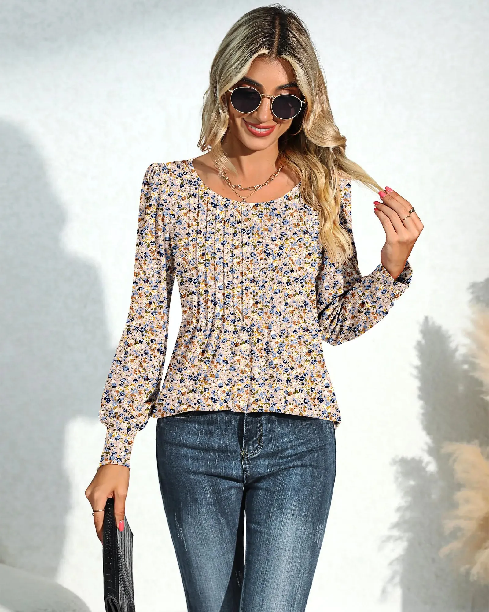 Ficerd Women's Puff Long Sleeve Tunic Tops Pleated Crew Neck Blouses Dressy Casual Loose Fit Fall and Winter Shirts Pink Floral Large