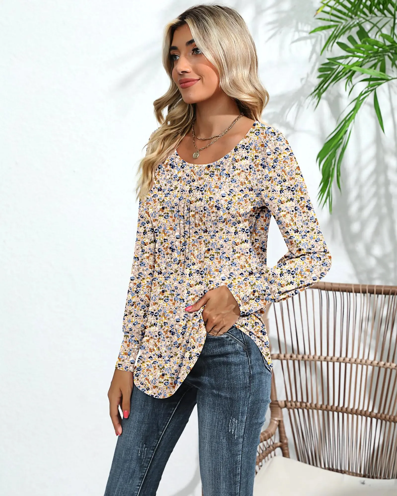 Ficerd Women's Puff Long Sleeve Tunic Tops Pleated Crew Neck Blouses Dressy Casual Loose Fit Fall and Winter Shirts Pink Floral Large