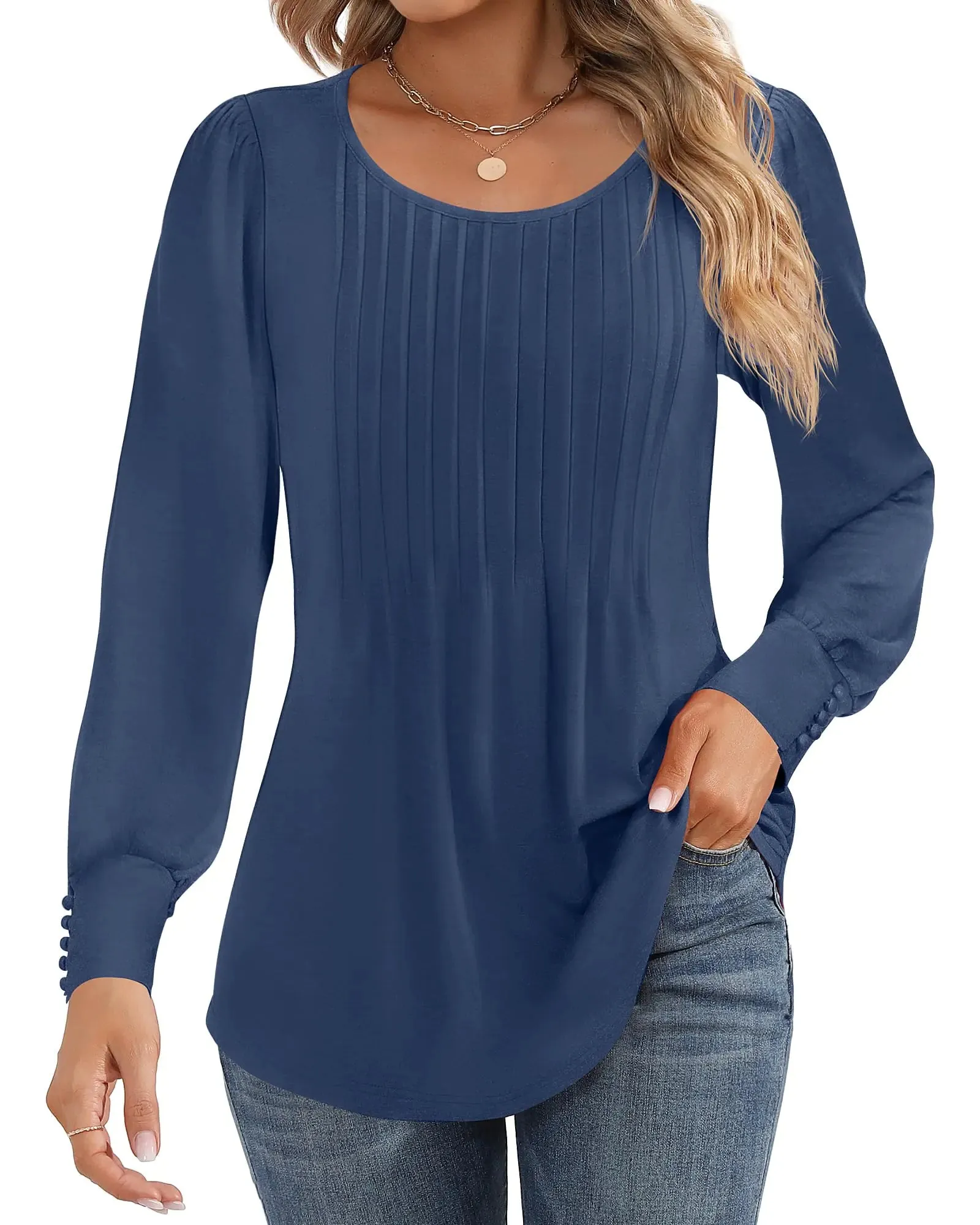 Ficerd Women's Puff Long Sleeve Tunic Tops Pleated Crew Neck Blouses Dressy Casual Loose Fit Fall and Winter Shirts Pink Floral Large
