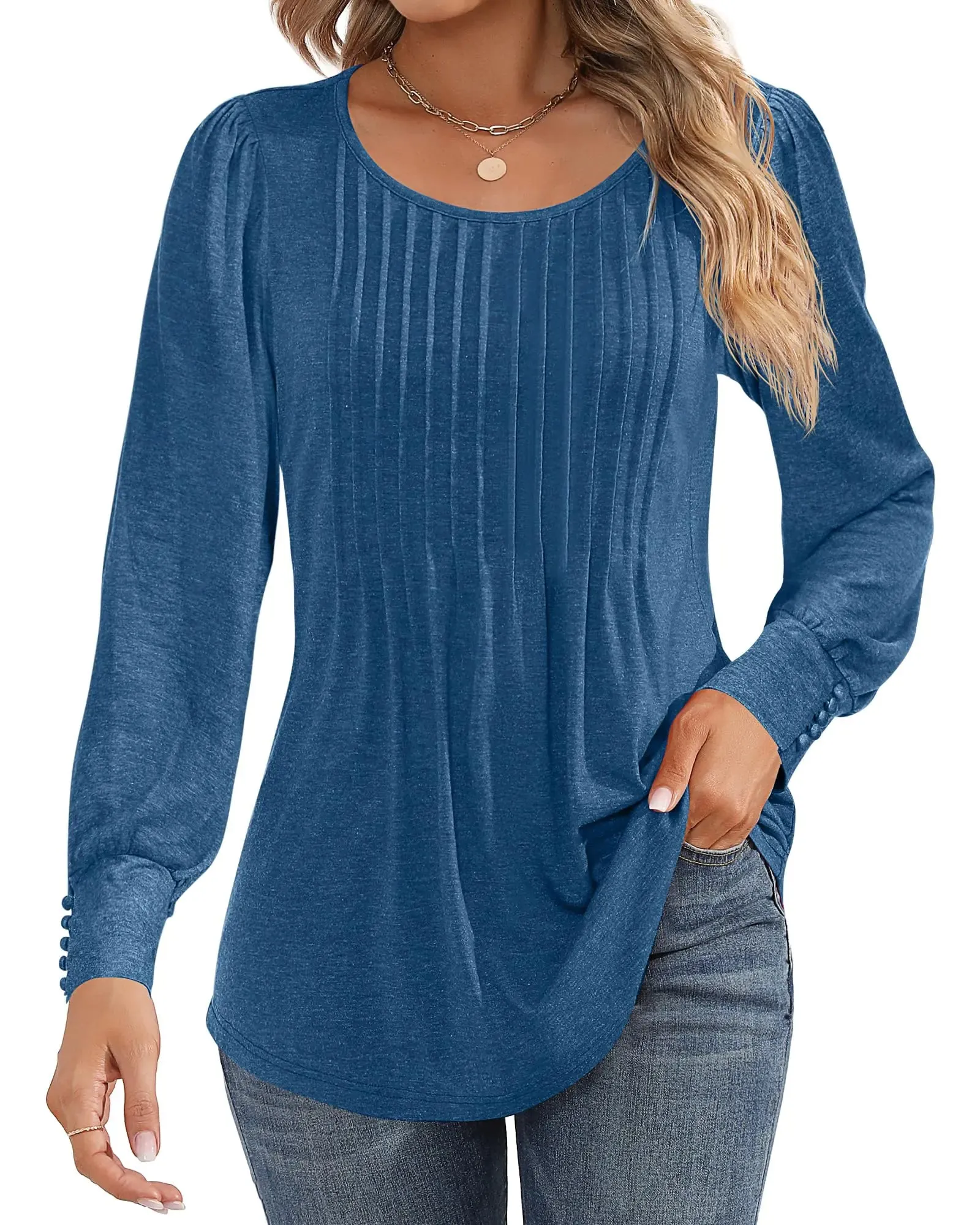 Ficerd Women's Puff Long Sleeve Tunic Tops Pleated Crew Neck Blouses Dressy Casual Loose Fit Fall and Winter Shirts Pink Floral Large