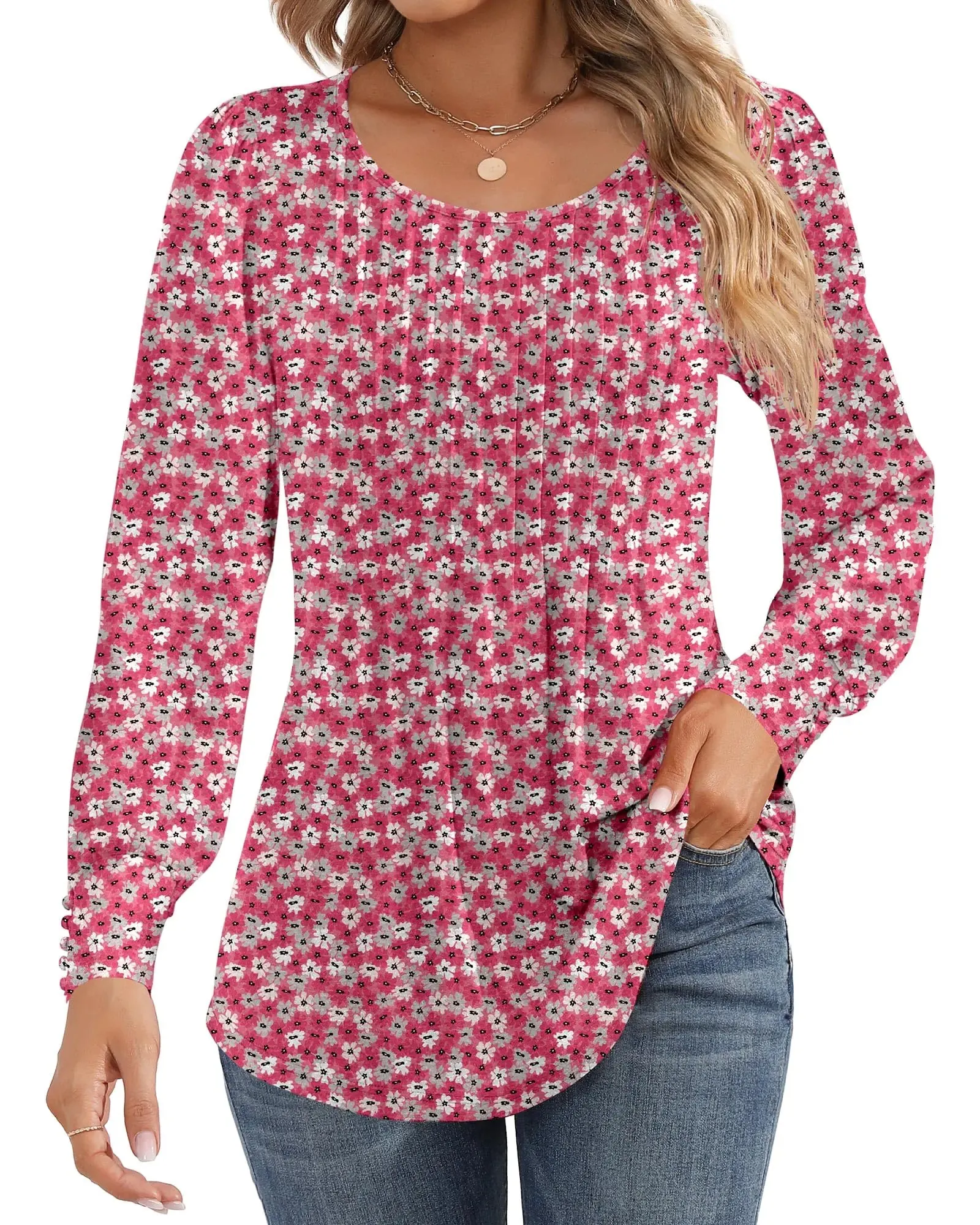 Ficerd Women's Puff Long Sleeve Tunic Tops Pleated Crew Neck Blouses Dressy Casual Loose Fit Fall and Winter Shirts Pink Floral Large