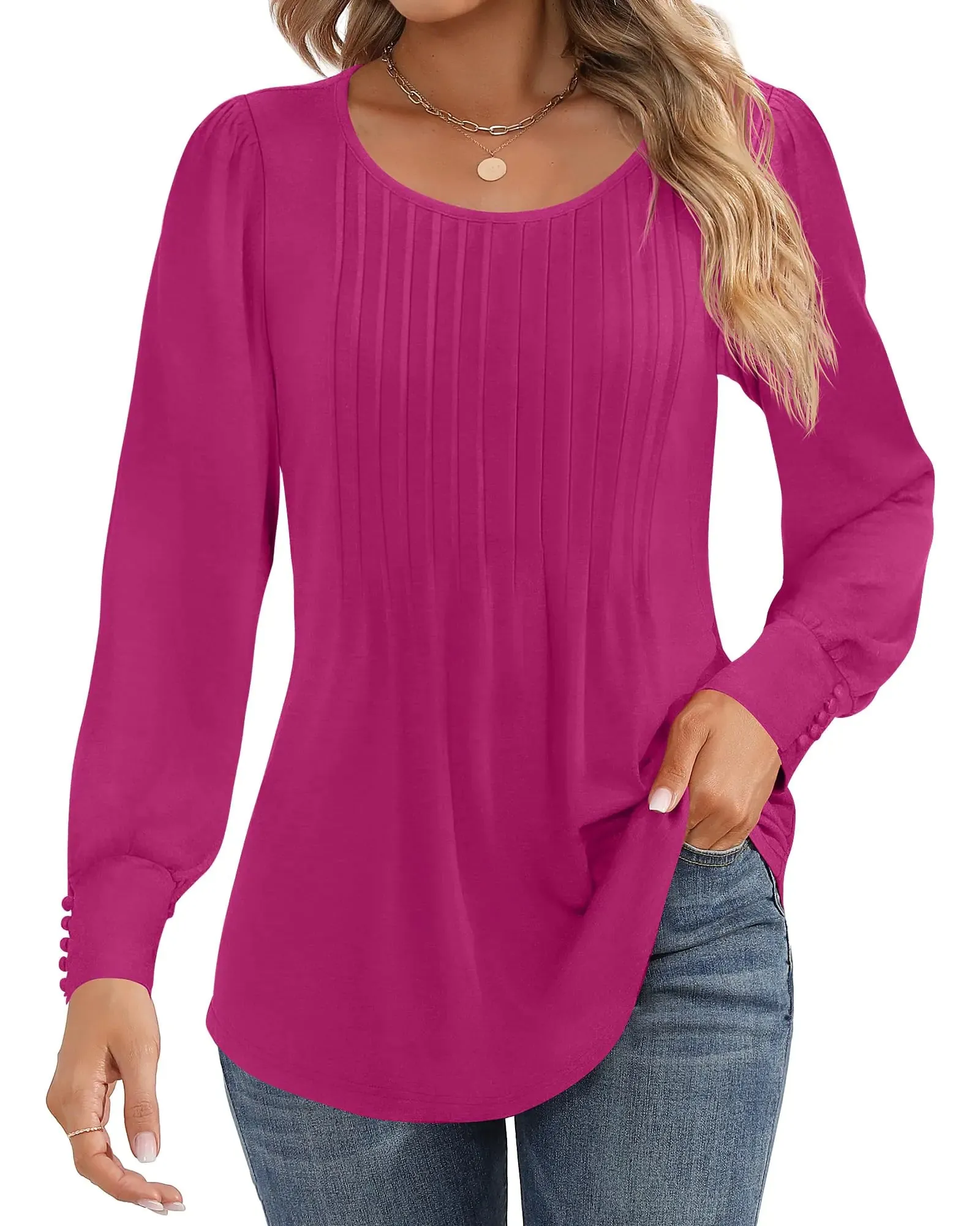 Ficerd Women's Puff Long Sleeve Tunic Tops Pleated Crew Neck Blouses Dressy Casual Loose Fit Fall and Winter Shirts Pink Floral Large