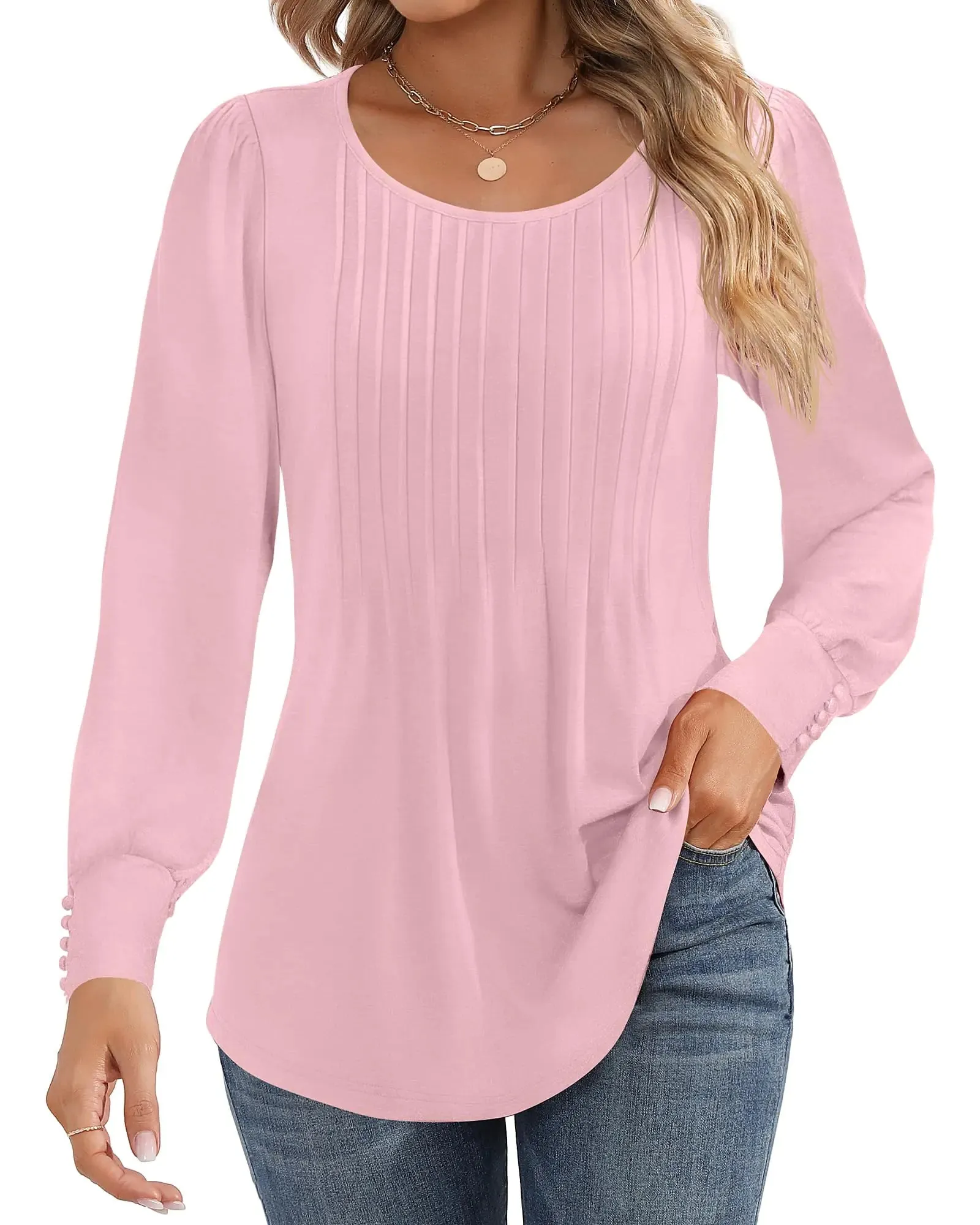 Ficerd Women's Puff Long Sleeve Tunic Tops Pleated Crew Neck Blouses Dressy Casual Loose Fit Fall and Winter Shirts Pink Floral Large