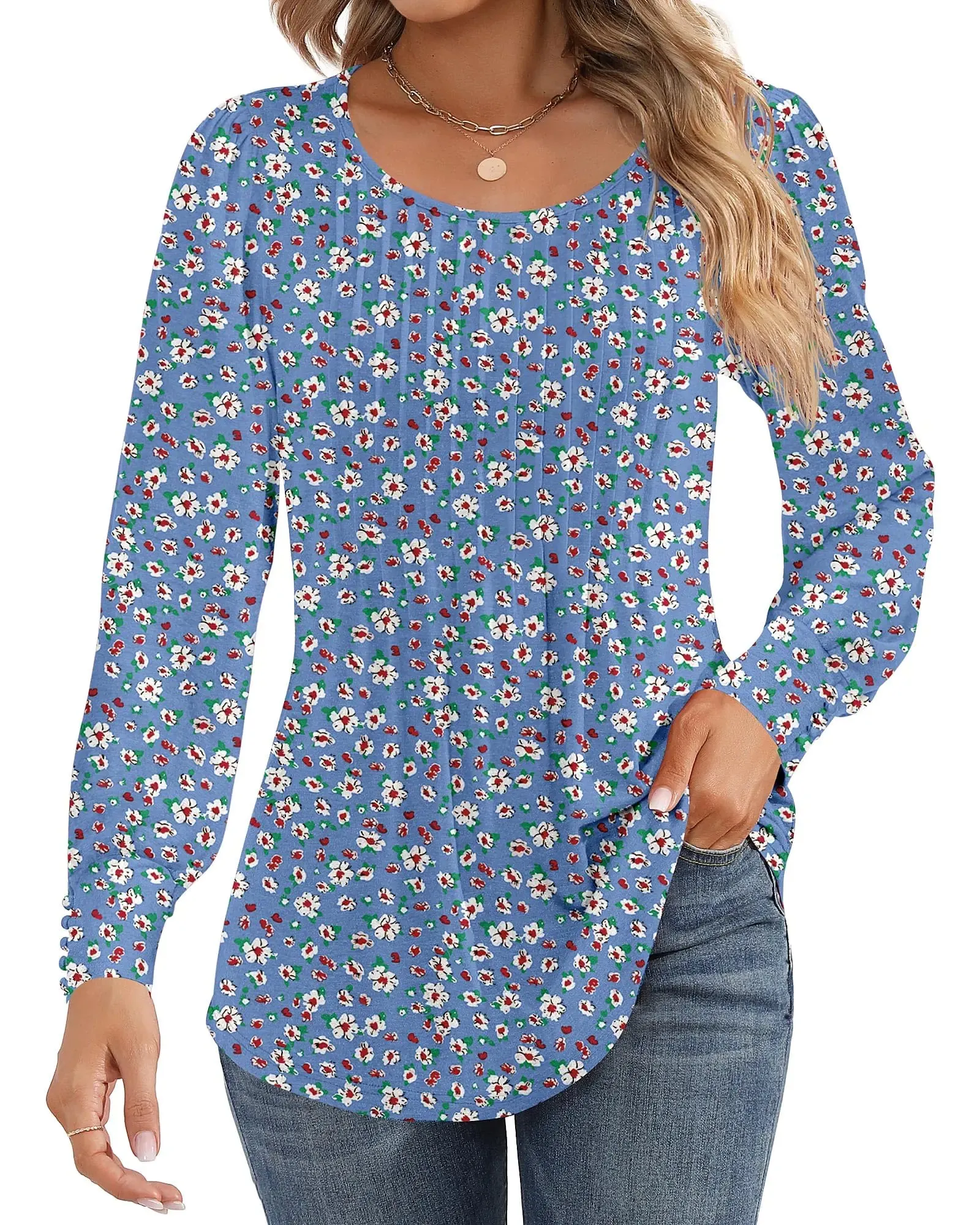 Ficerd Women's Puff Long Sleeve Tunic Tops Pleated Crew Neck Blouses Dressy Casual Loose Fit Fall and Winter Shirts Pink Floral Large