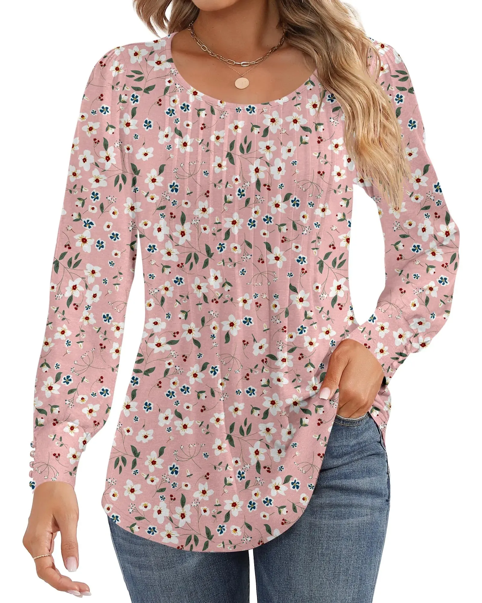 Ficerd Women's Puff Long Sleeve Tunic Tops Pleated Crew Neck Blouses Dressy Casual Loose Fit Fall and Winter Shirts Pink Floral Large