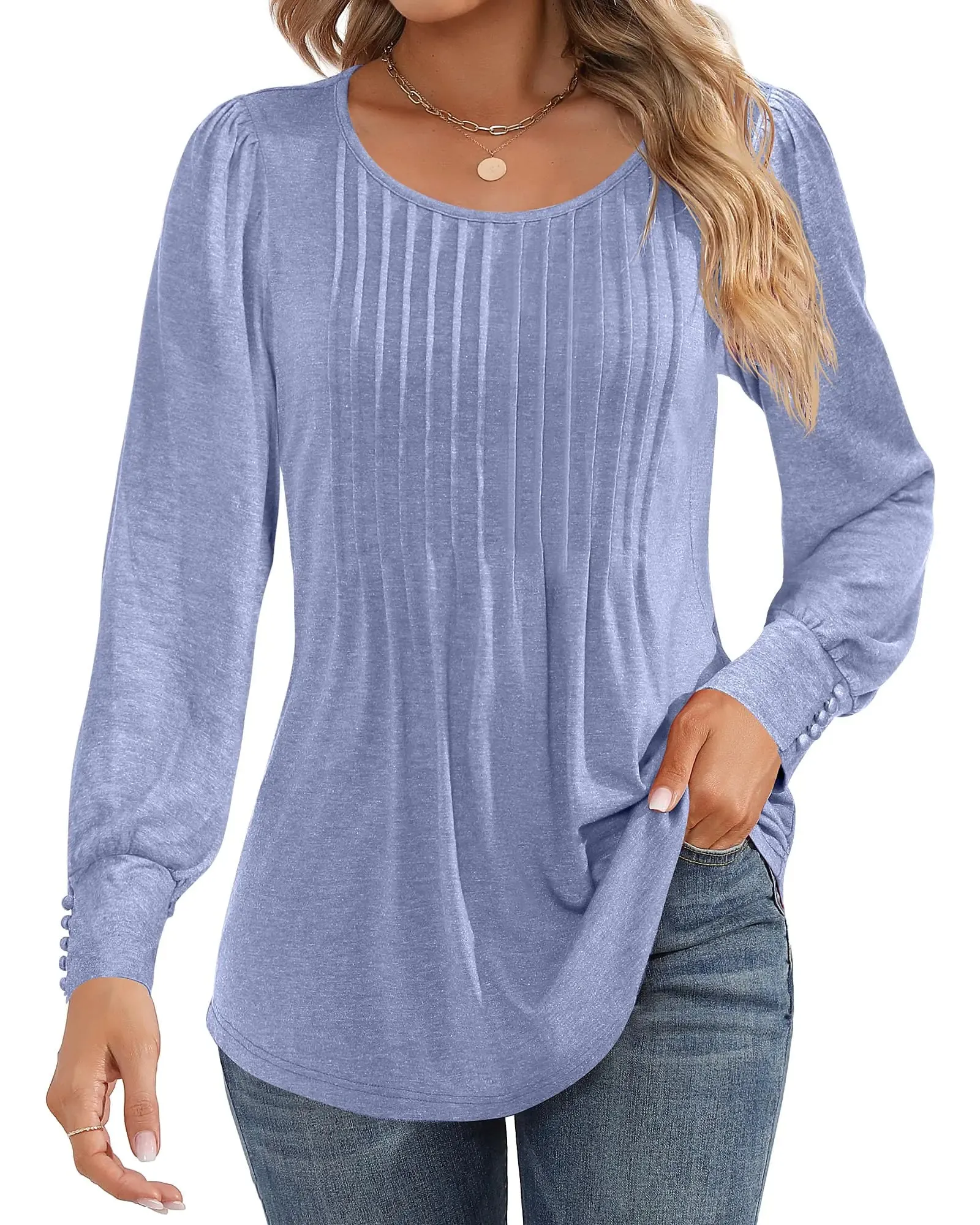 Ficerd Women's Puff Long Sleeve Tunic Tops Pleated Crew Neck Blouses Dressy Casual Loose Fit Fall and Winter Shirts Pink Floral Large