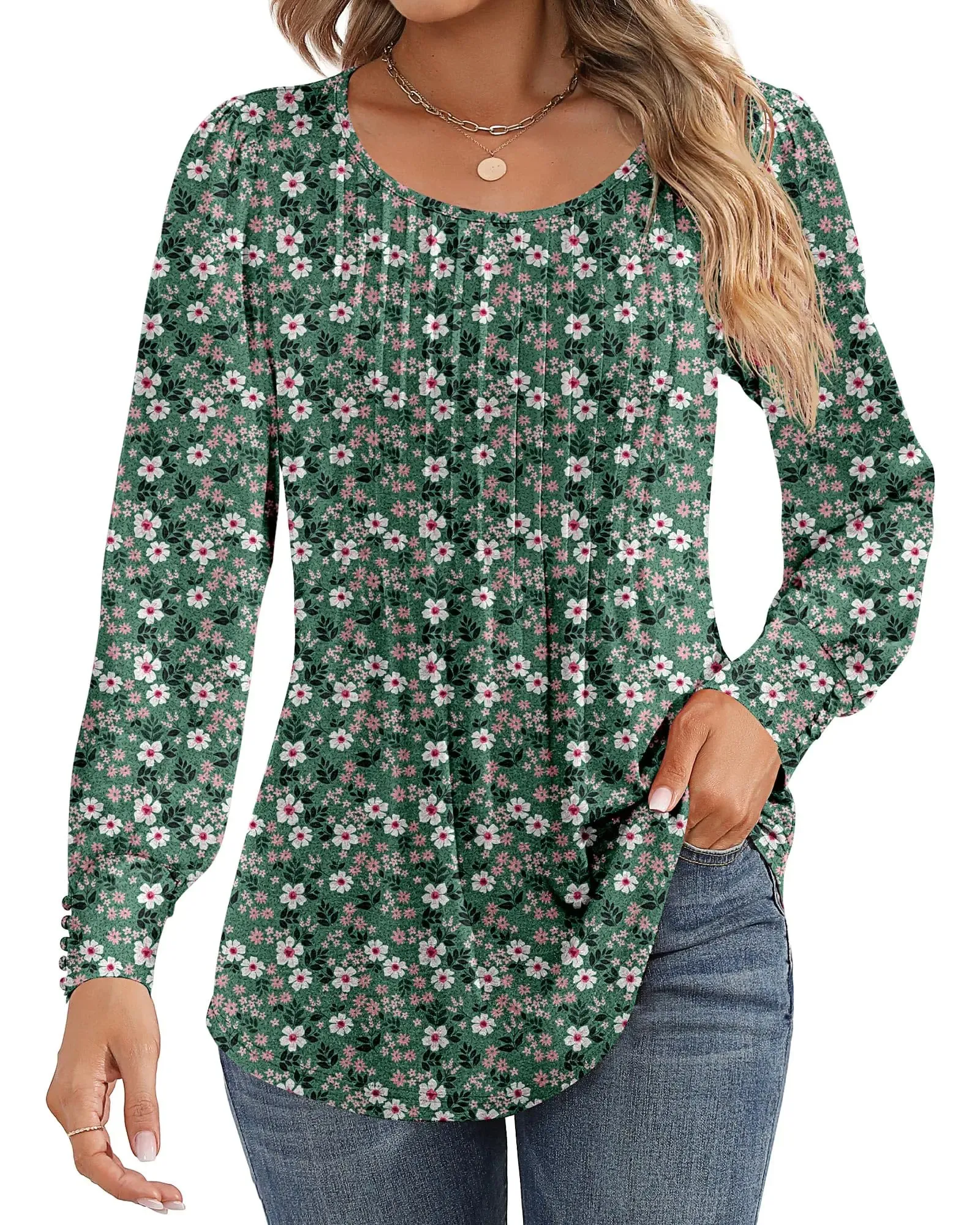 Ficerd Women's Puff Long Sleeve Tunic Tops Pleated Crew Neck Blouses Dressy Casual Loose Fit Fall and Winter Shirts Pink Floral Large