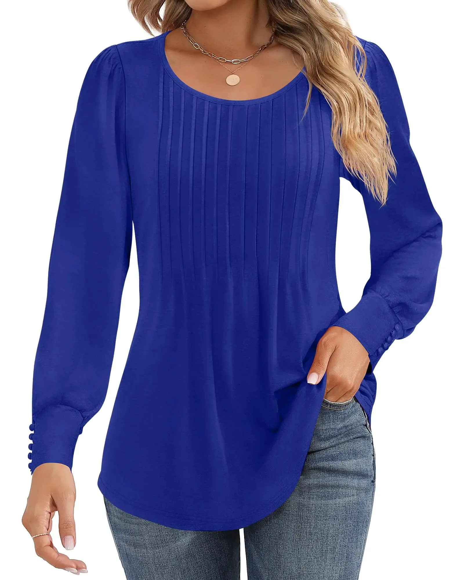 Ficerd Women's Puff Long Sleeve Tunic Tops Pleated Crew Neck Blouses Dressy Casual Loose Fit Fall and Winter Shirts Pink Floral Large