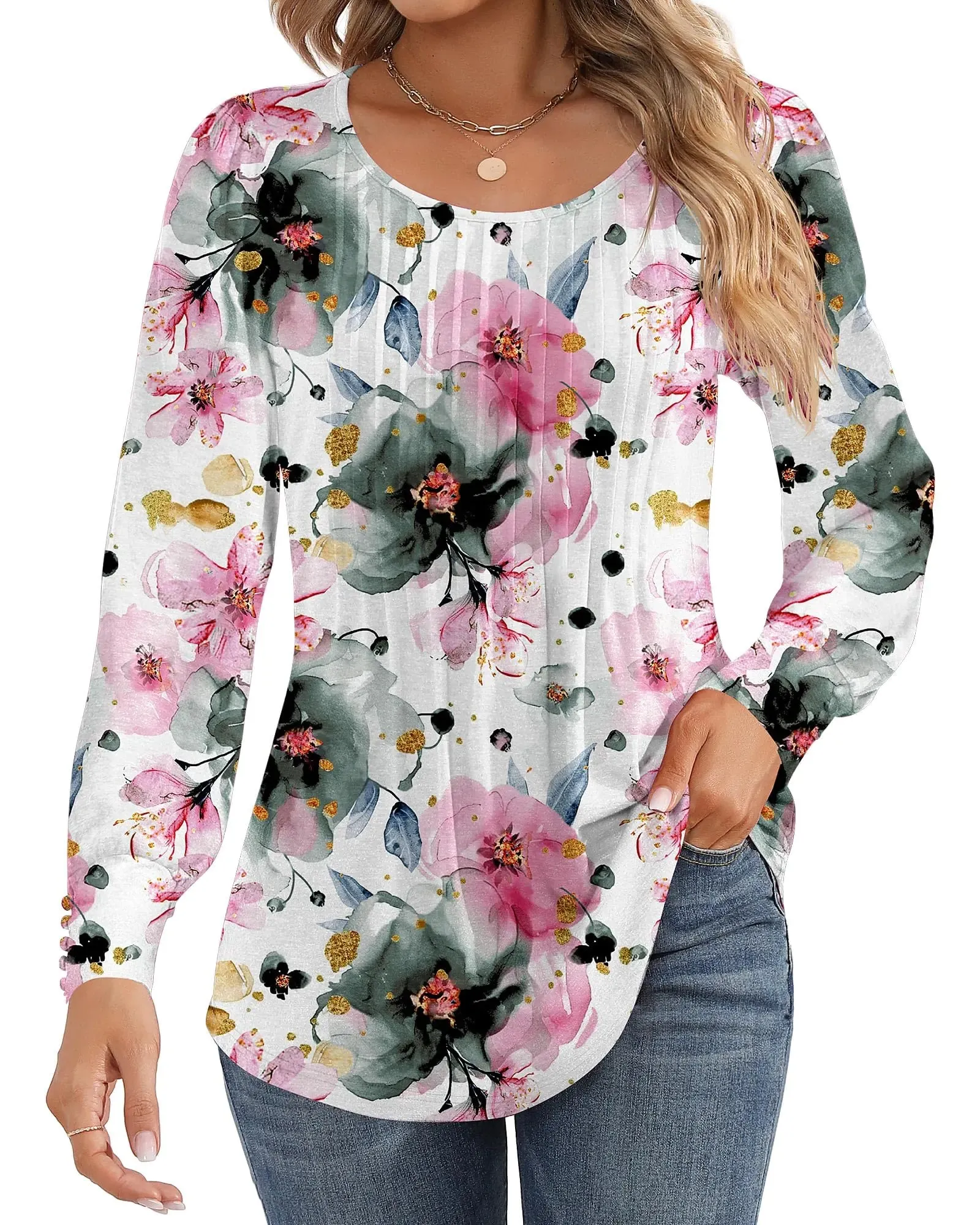 Ficerd Women's Puff Long Sleeve Tunic Tops Pleated Crew Neck Blouses Dressy Casual Loose Fit Fall and Winter Shirts Pink Floral Large