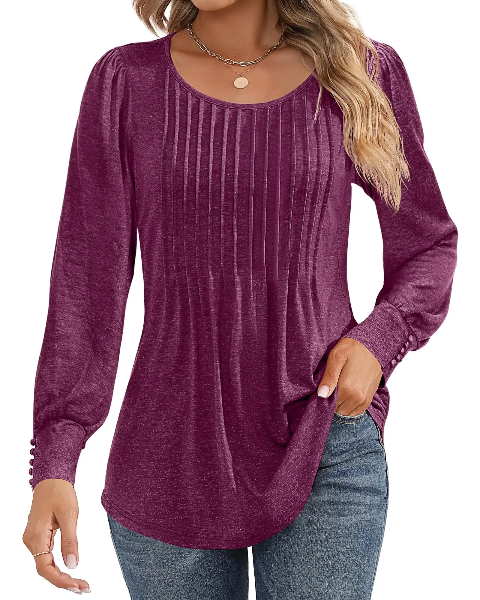 Ficerd Women's Puff Long Sleeve Tunic Tops Pleated Crew Neck Blouses Dressy Casual Loose Fit Fall and Winter Shirts Pink Floral Large