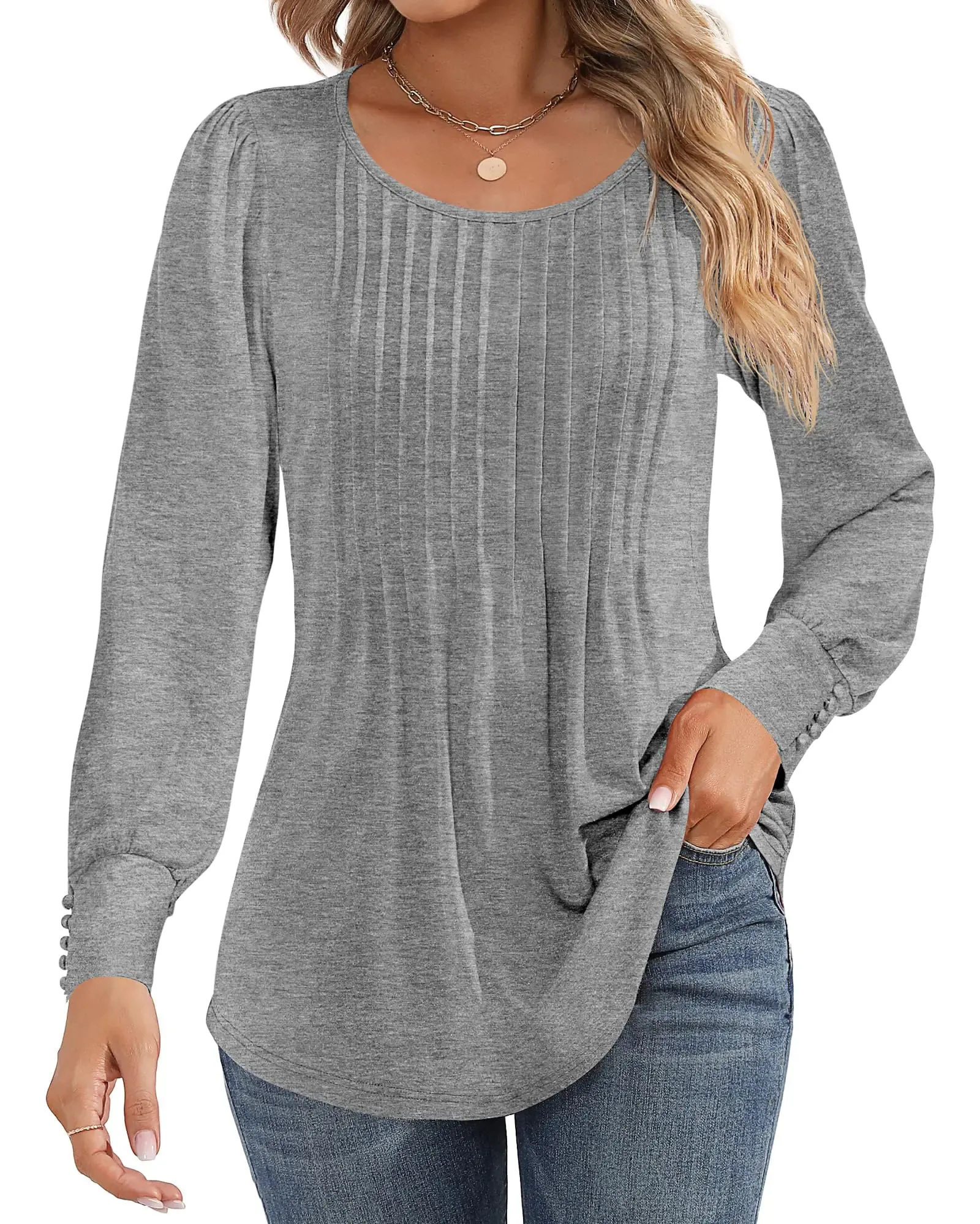 Ficerd Women's Puff Long Sleeve Tunic Tops Pleated Crew Neck Blouses Dressy Casual Loose Fit Fall and Winter Shirts Pink Floral Large