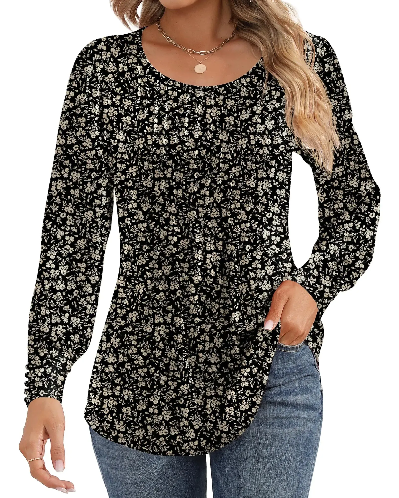 Ficerd Women's Puff Long Sleeve Tunic Tops Pleated Crew Neck Blouses Dressy Casual Loose Fit Fall and Winter Shirts Pink Floral Large