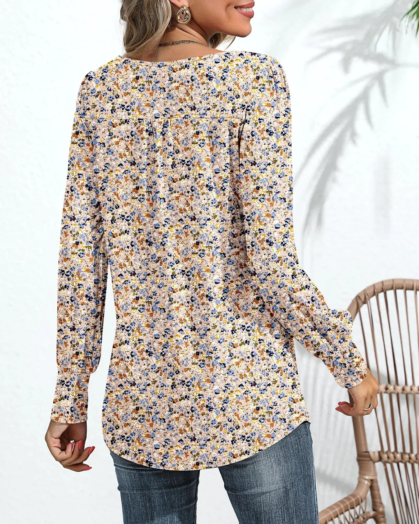 Ficerd Women's Puff Long Sleeve Tunic Tops Pleated Crew Neck Blouses Dressy Casual Loose Fit Fall and Winter Shirts Pink Floral Large