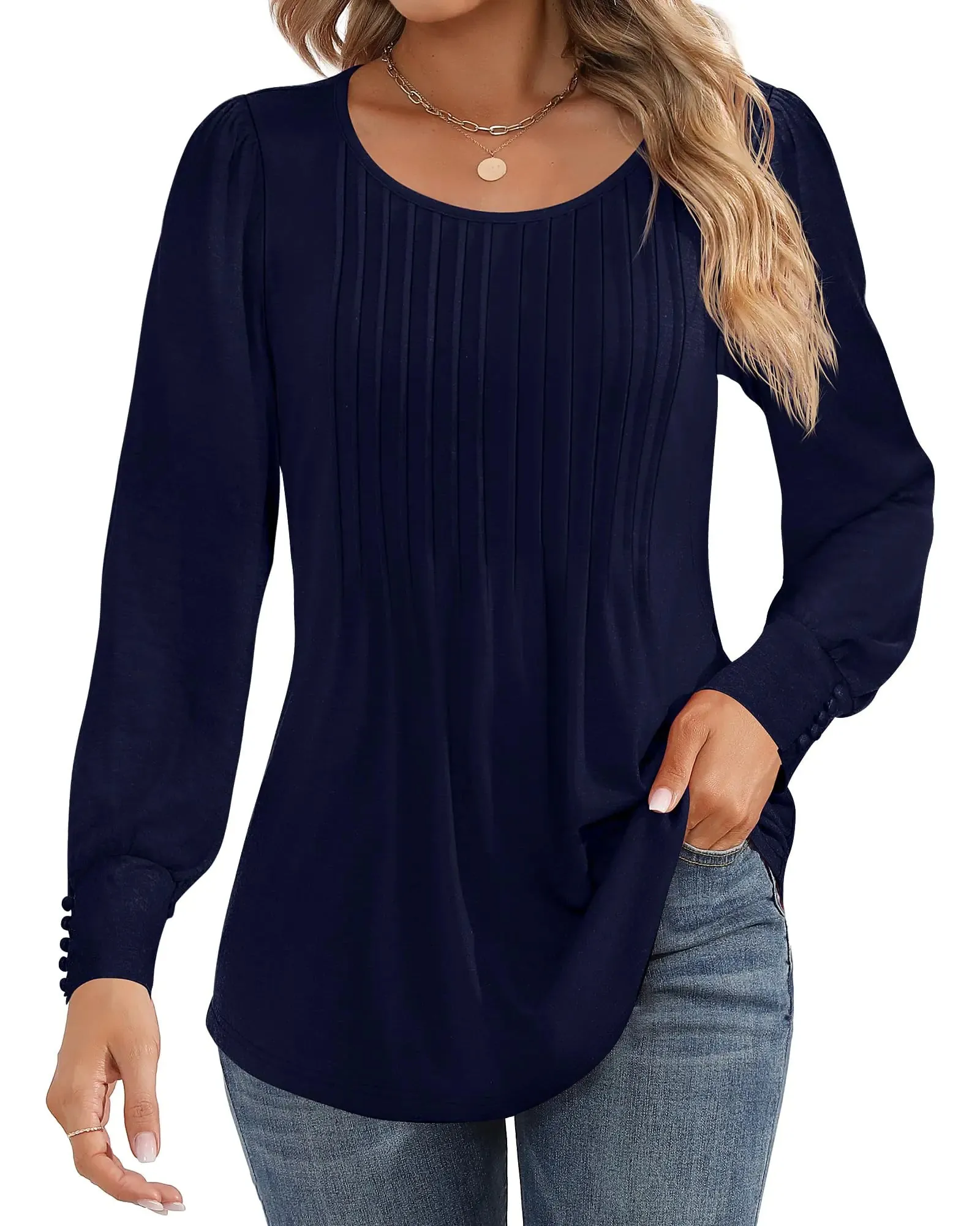 Ficerd Women's Puff Long Sleeve Tunic Tops Pleated Crew Neck Blouses Dressy Casual Loose Fit Fall and Winter Shirts Pink Floral Large