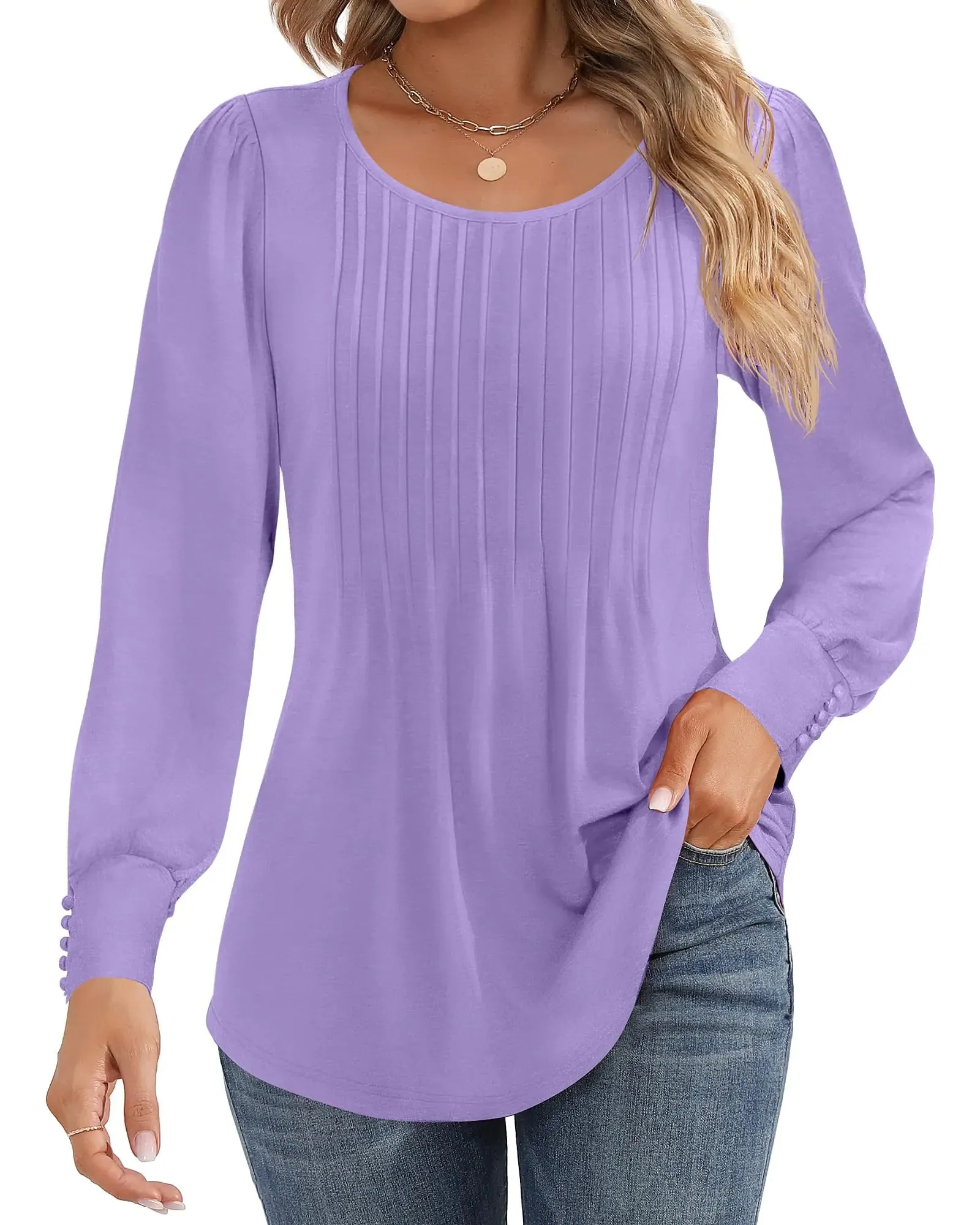 Ficerd Women's Puff Long Sleeve Tunic Tops Pleated Crew Neck Blouses Dressy Casual Loose Fit Fall and Winter Shirts Pink Floral Large