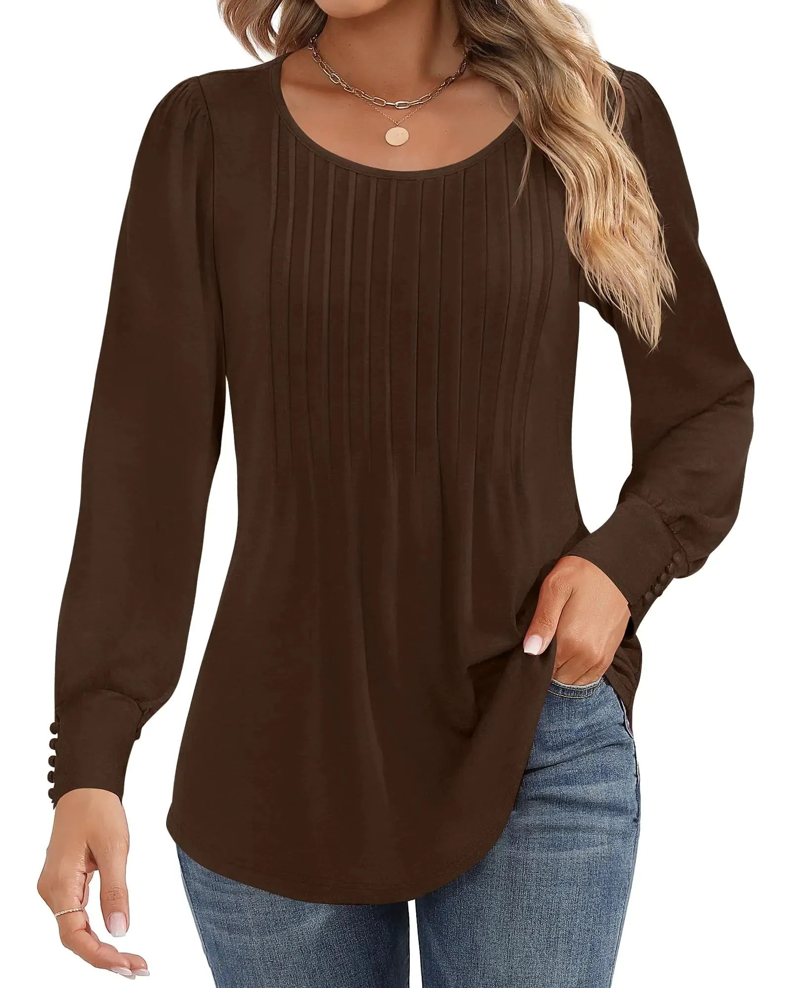 Ficerd Women's Puff Long Sleeve Tunic Tops Pleated Crew Neck Blouses Dressy Casual Loose Fit Fall and Winter Shirts Pink Floral Large