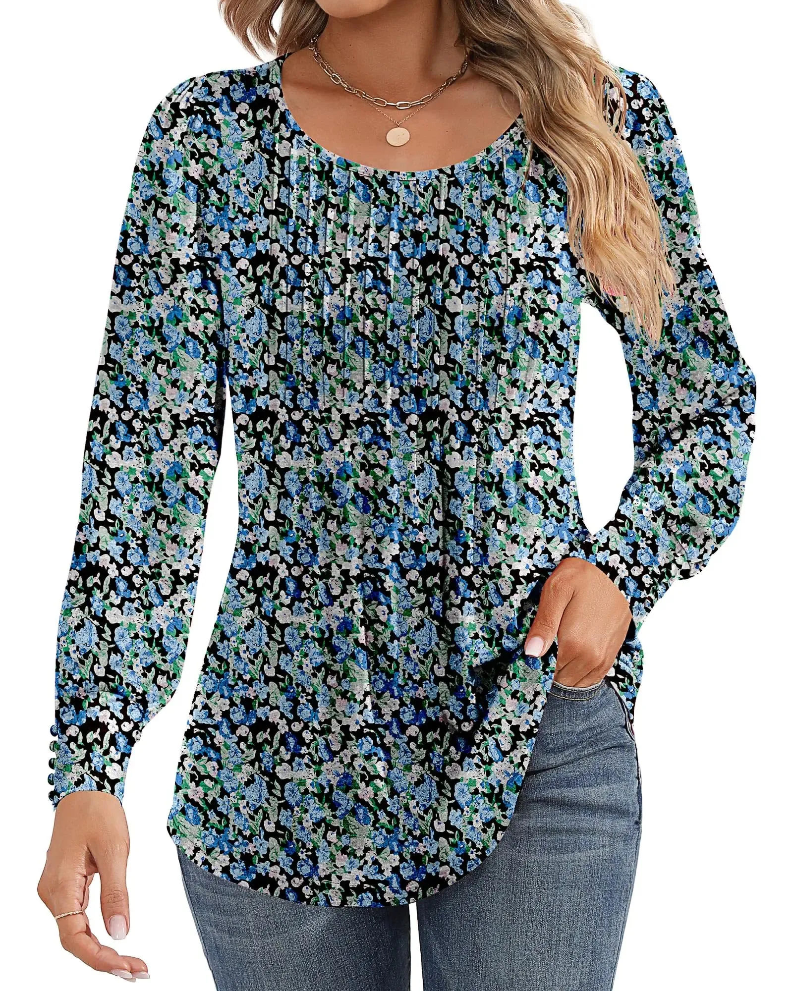 Ficerd Women's Puff Long Sleeve Tunic Tops Pleated Crew Neck Blouses Dressy Casual Loose Fit Fall and Winter Shirts Pink Floral Large