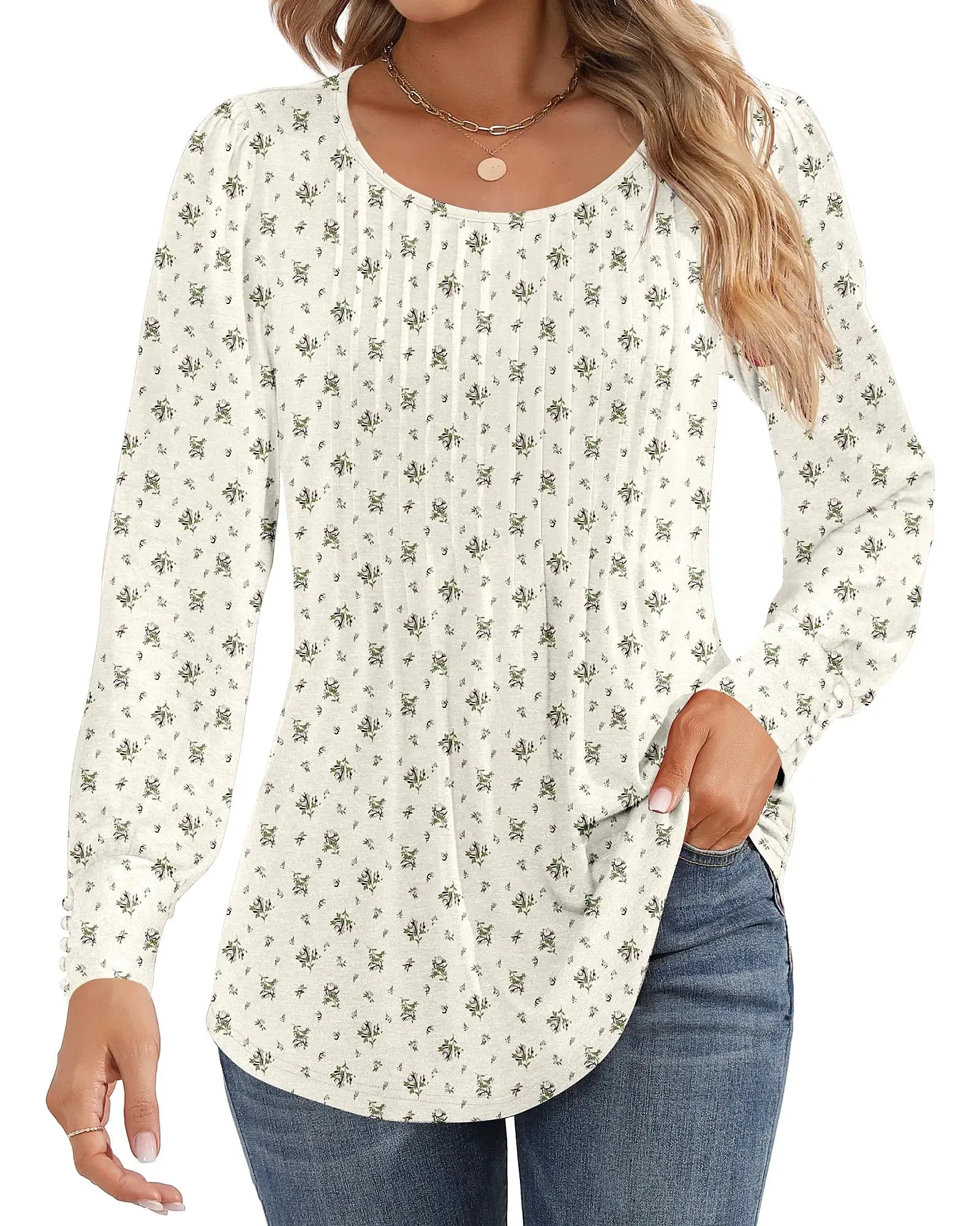 Ficerd Women's Puff Long Sleeve Tunic Tops Pleated Crew Neck Blouses Dressy Casual Loose Fit Fall and Winter Shirts Pink Floral Large