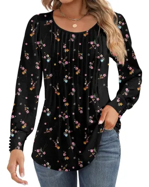 Ficerd Women's Puff Long Sleeve Tunic Tops Pleated Crew Neck Blouses Dressy Casual Loose Fit Fall and Winter Shirts Pink Floral Large
