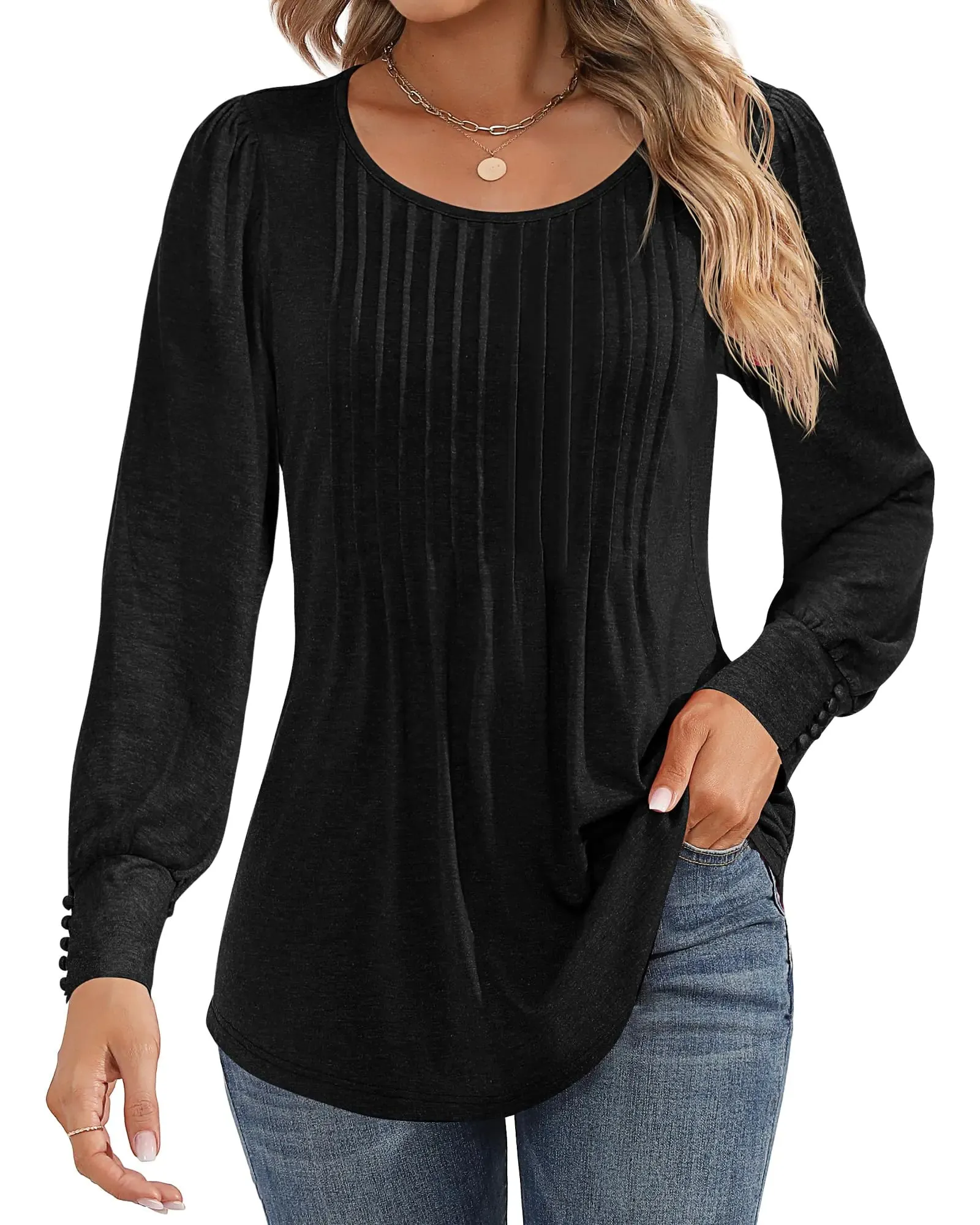 Ficerd Women's Puff Long Sleeve Tunic Tops Pleated Crew Neck Blouses Dressy Casual Loose Fit Fall and Winter Shirts Pink Floral Large
