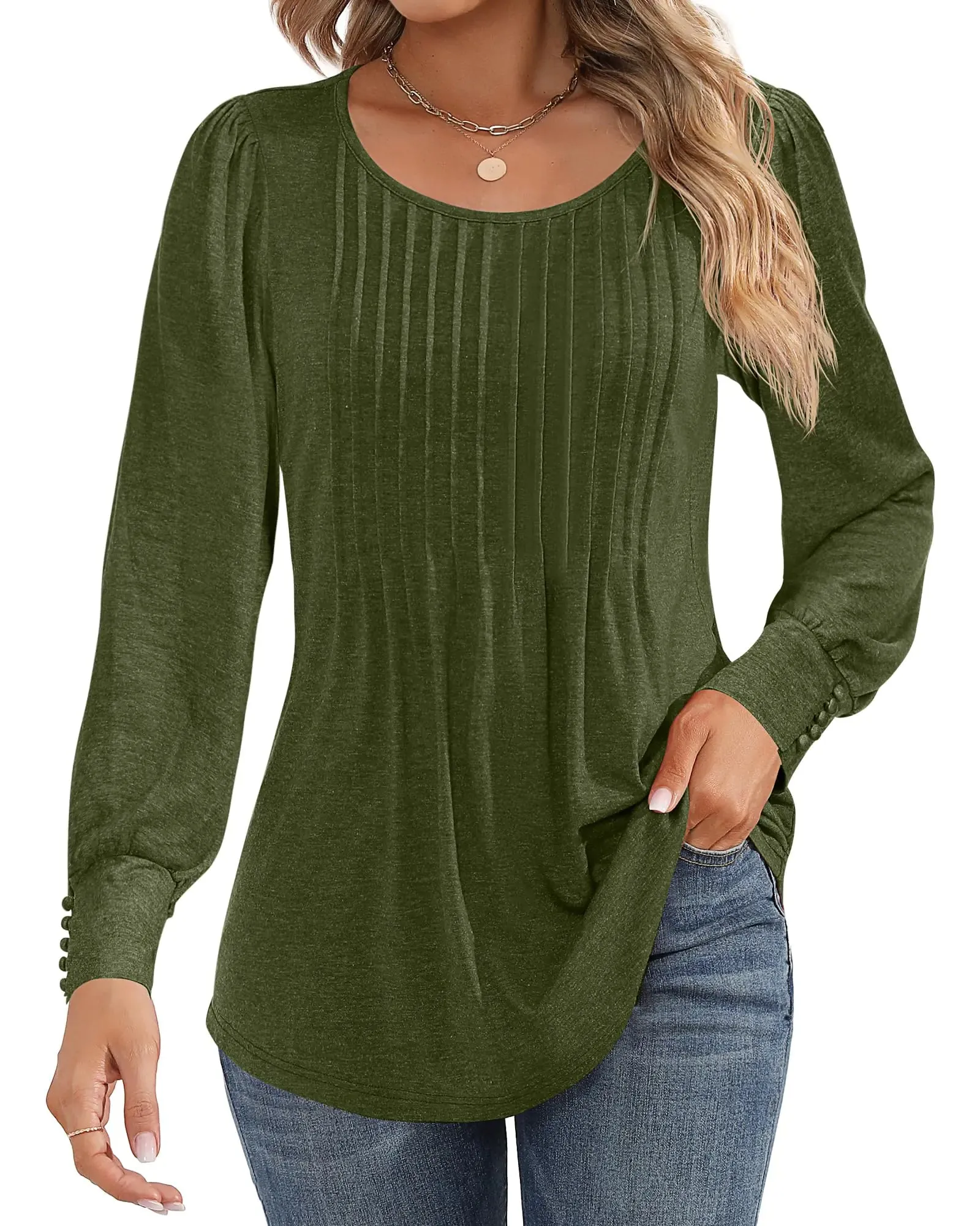 Ficerd Women's Puff Long Sleeve Tunic Tops Pleated Crew Neck Blouses Dressy Casual Loose Fit Fall and Winter Shirts Pink Floral Large