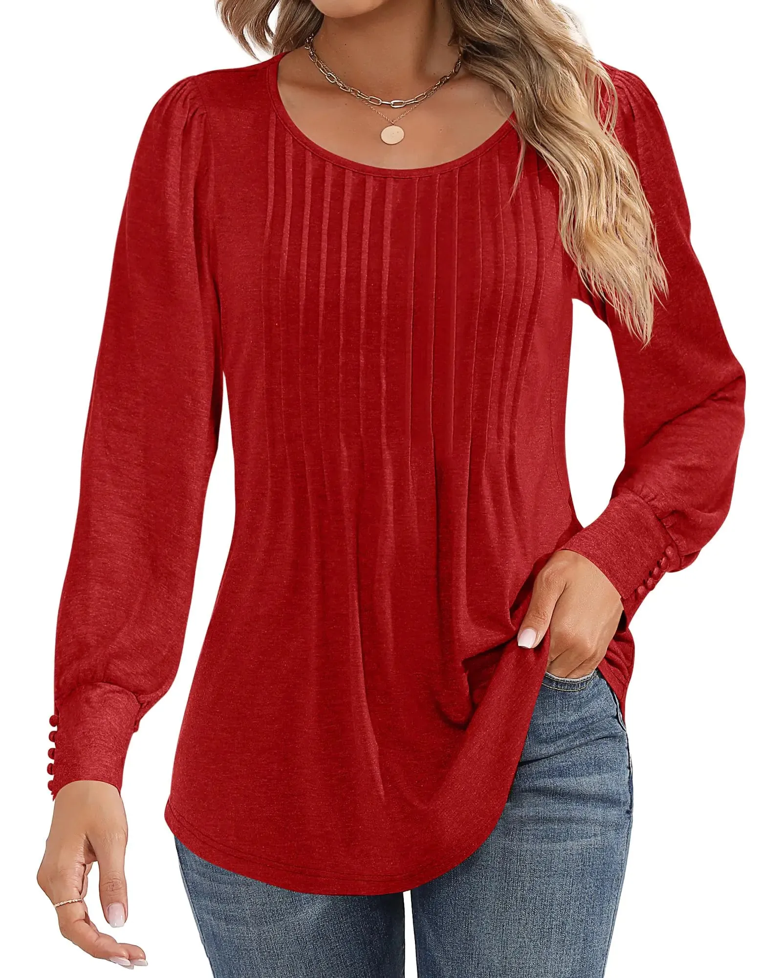 Ficerd Women's Puff Long Sleeve Tunic Tops Pleated Crew Neck Blouses Dressy Casual Loose Fit Fall and Winter Shirts Pink Floral Large