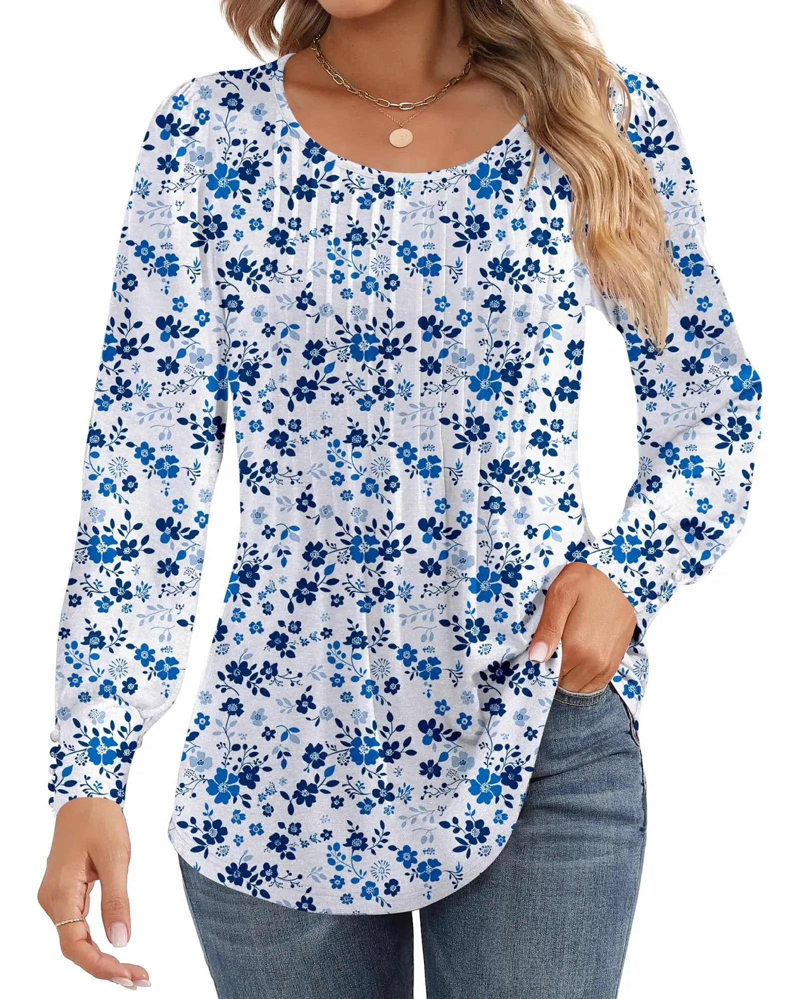 Ficerd Women's Puff Long Sleeve Tunic Tops Pleated Crew Neck Blouses Dressy Casual Loose Fit Fall and Winter Shirts Pink Floral Large