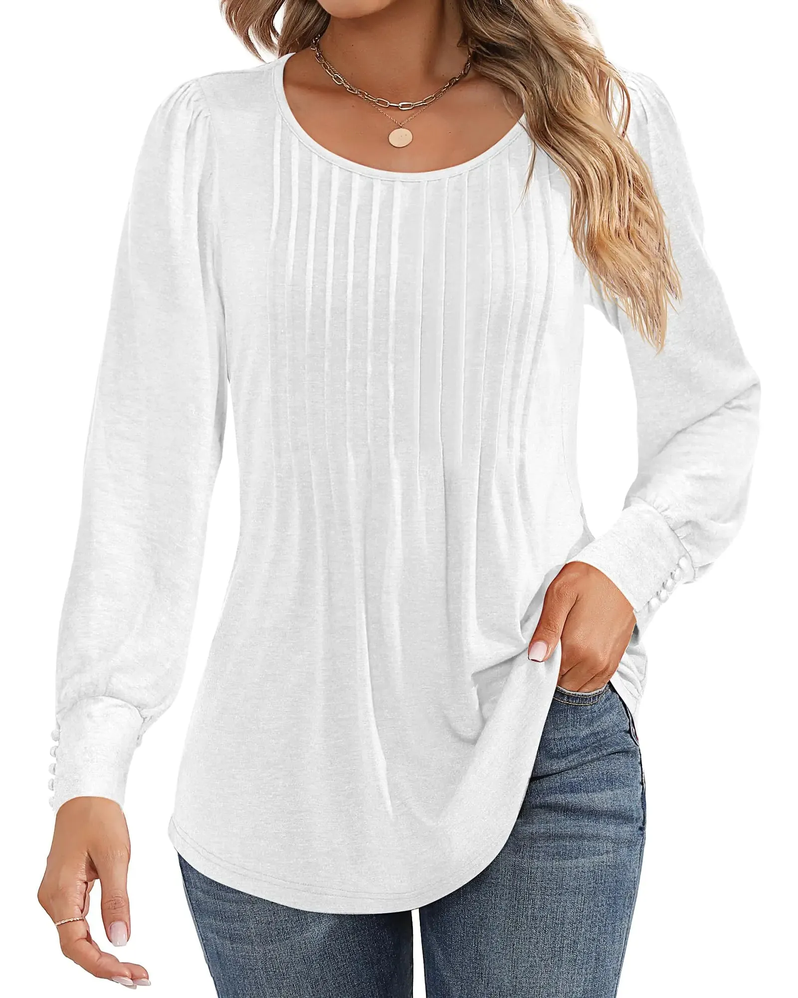 Ficerd Women's Puff Long Sleeve Tunic Tops Pleated Crew Neck Blouses Dressy Casual Loose Fit Fall and Winter Shirts Pink Floral Large