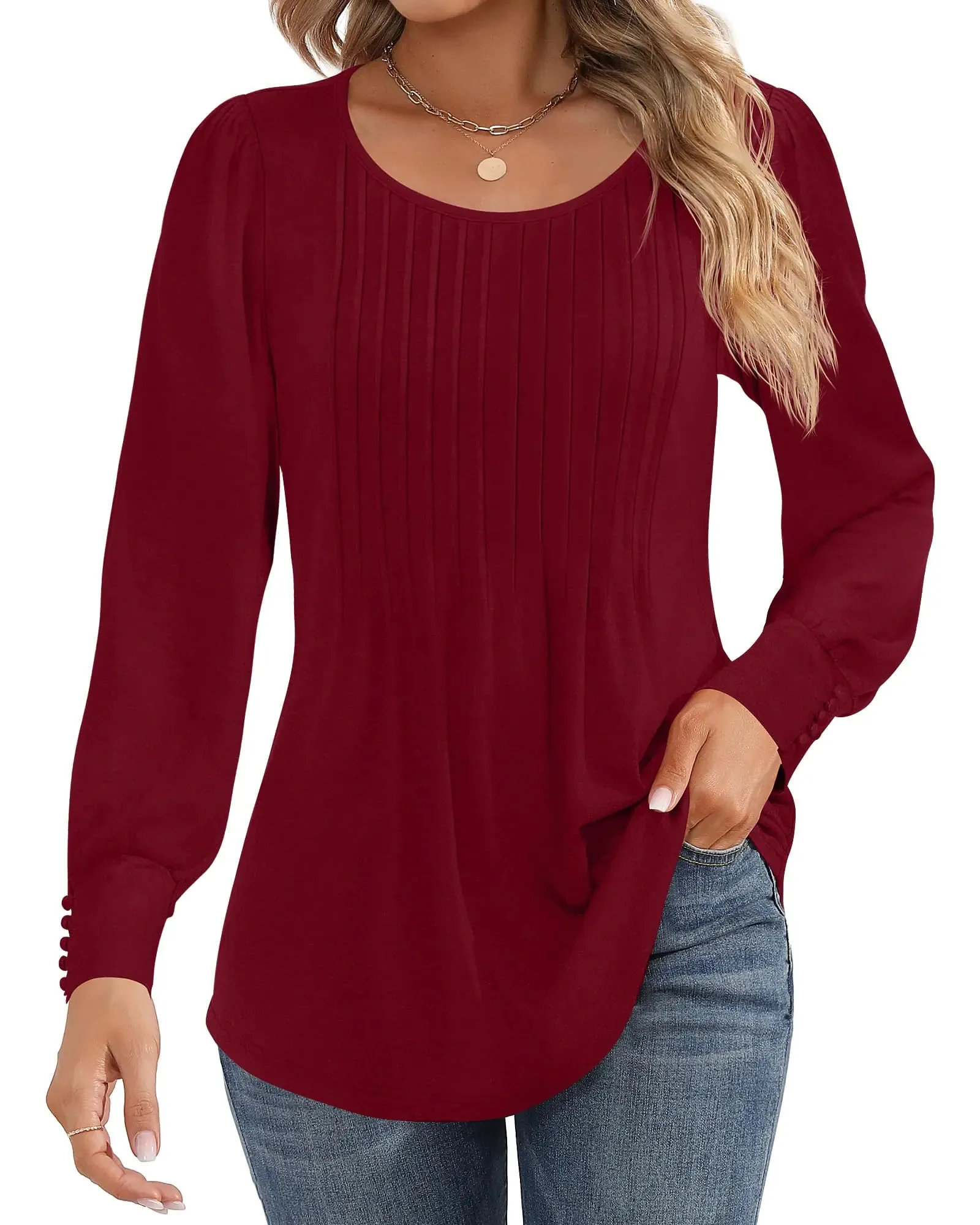Ficerd Women's Puff Long Sleeve Tunic Tops Pleated Crew Neck Blouses Dressy Casual Loose Fit Fall and Winter Shirts Pink Floral Large