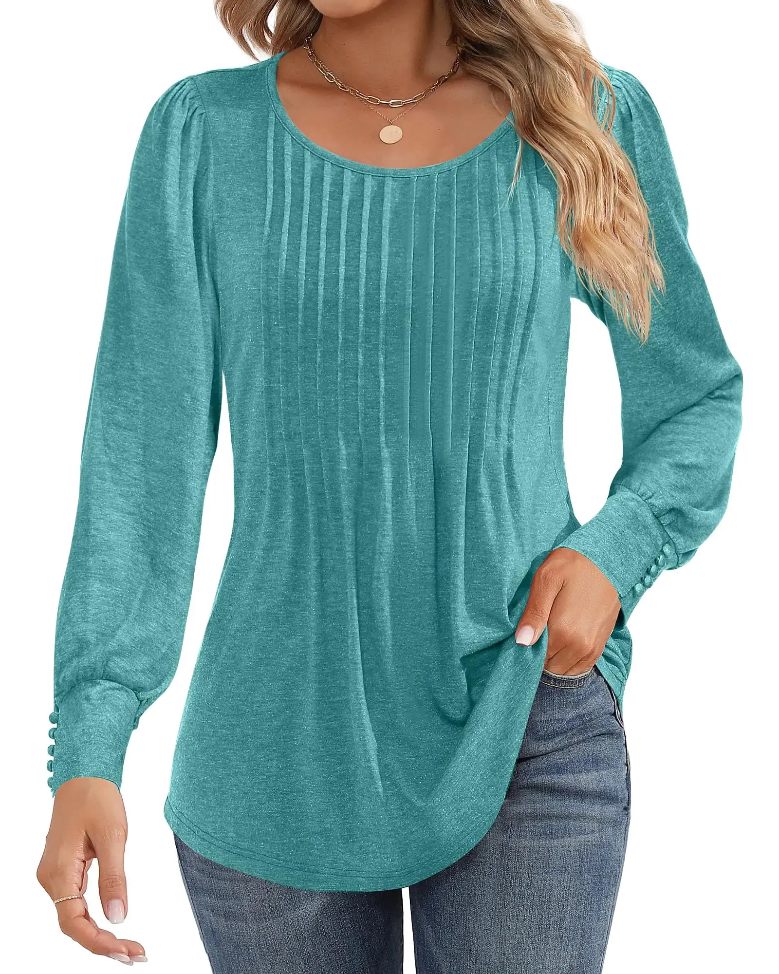 Ficerd Women's Puff Long Sleeve Tunic Tops Pleated Crew Neck Blouses Dressy Casual Loose Fit Fall and Winter Shirts Pink Floral Large