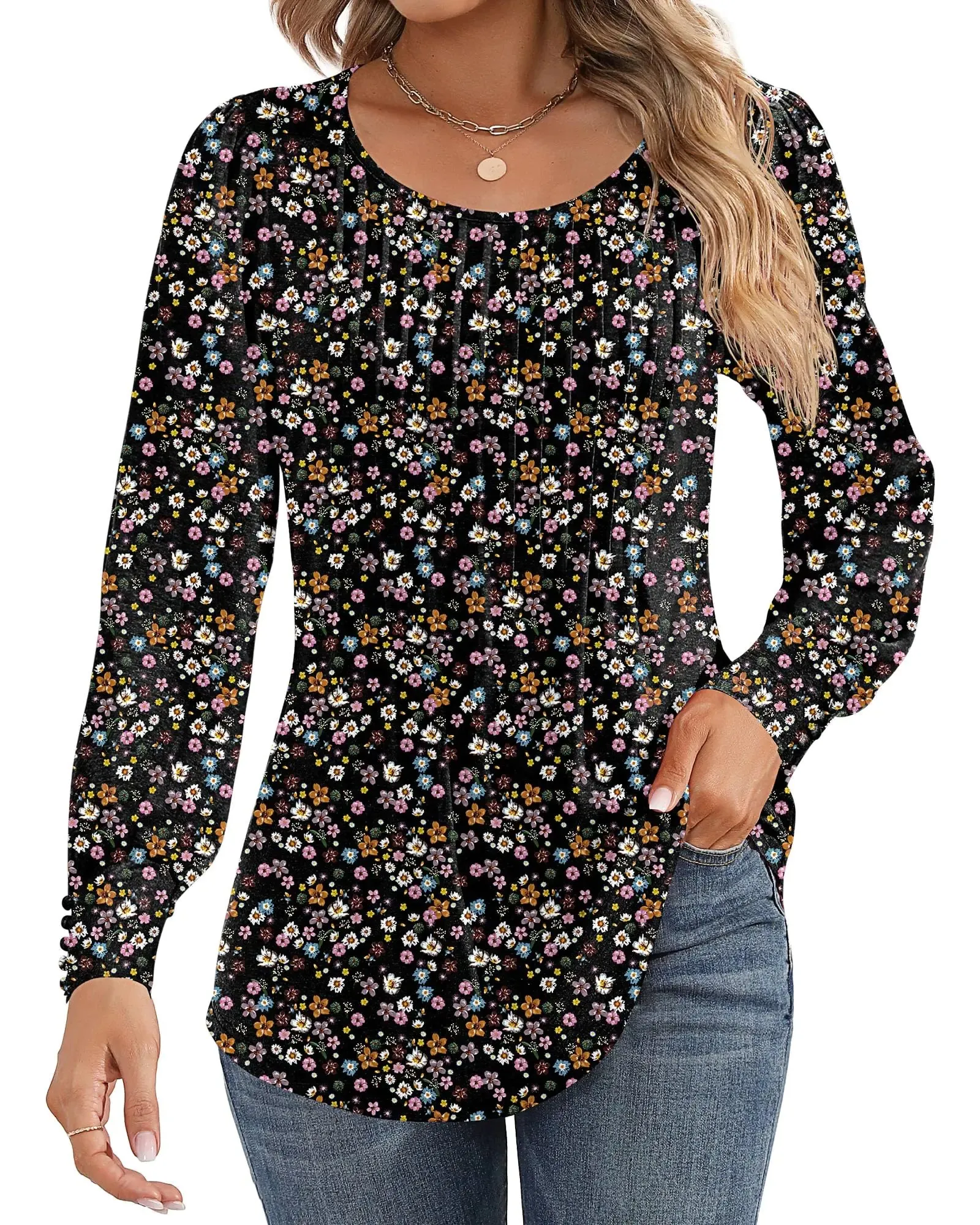 Ficerd Women's Puff Long Sleeve Tunic Tops Pleated Crew Neck Blouses Dressy Casual Loose Fit Fall and Winter Shirts Pink Floral Large