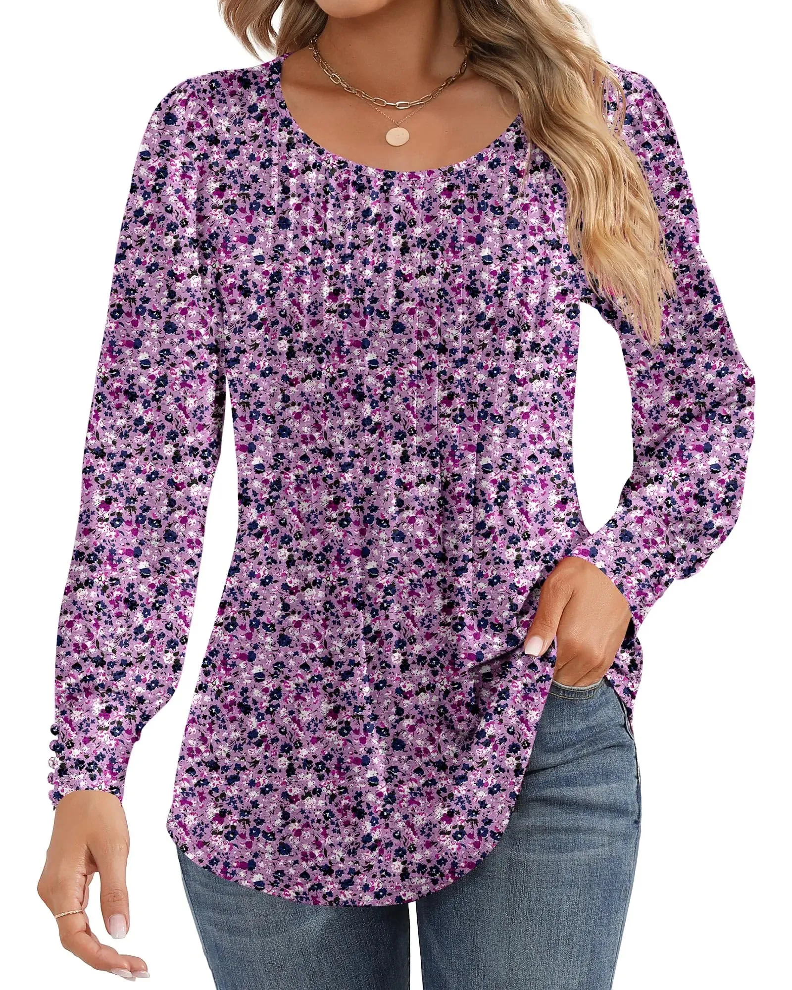 Ficerd Women's Puff Long Sleeve Tunic Tops Pleated Crew Neck Blouses Dressy Casual Loose Fit Fall and Winter Shirts Pink Floral Large