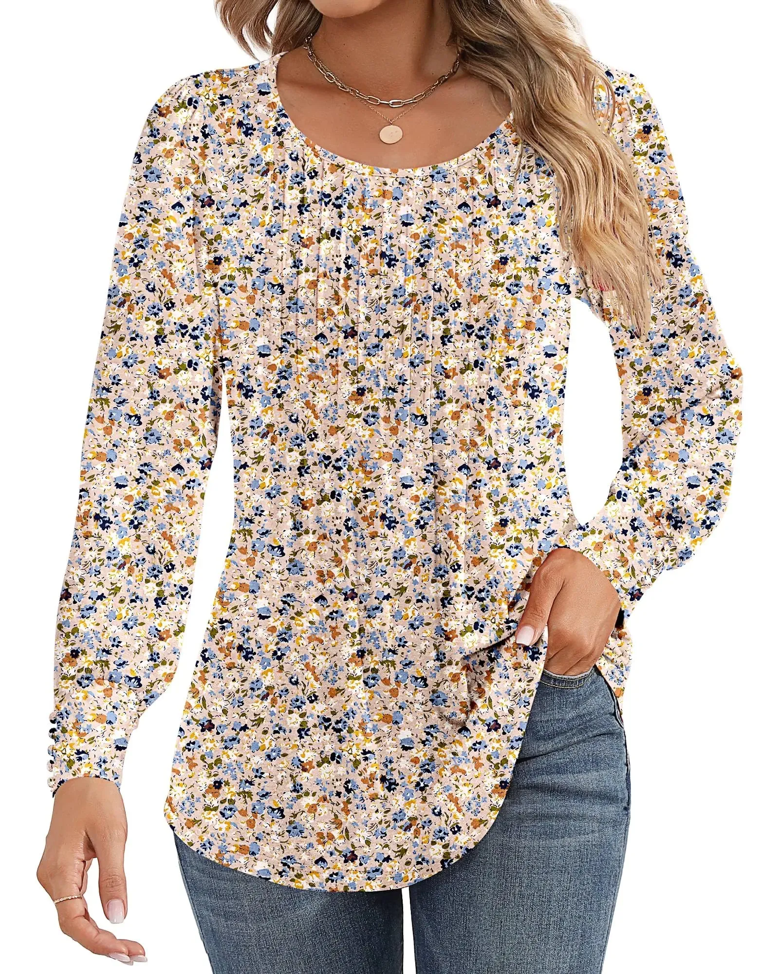 Ficerd Women's Puff Long Sleeve Tunic Tops Pleated Crew Neck Blouses Dressy Casual Loose Fit Fall and Winter Shirts Pink Floral Large