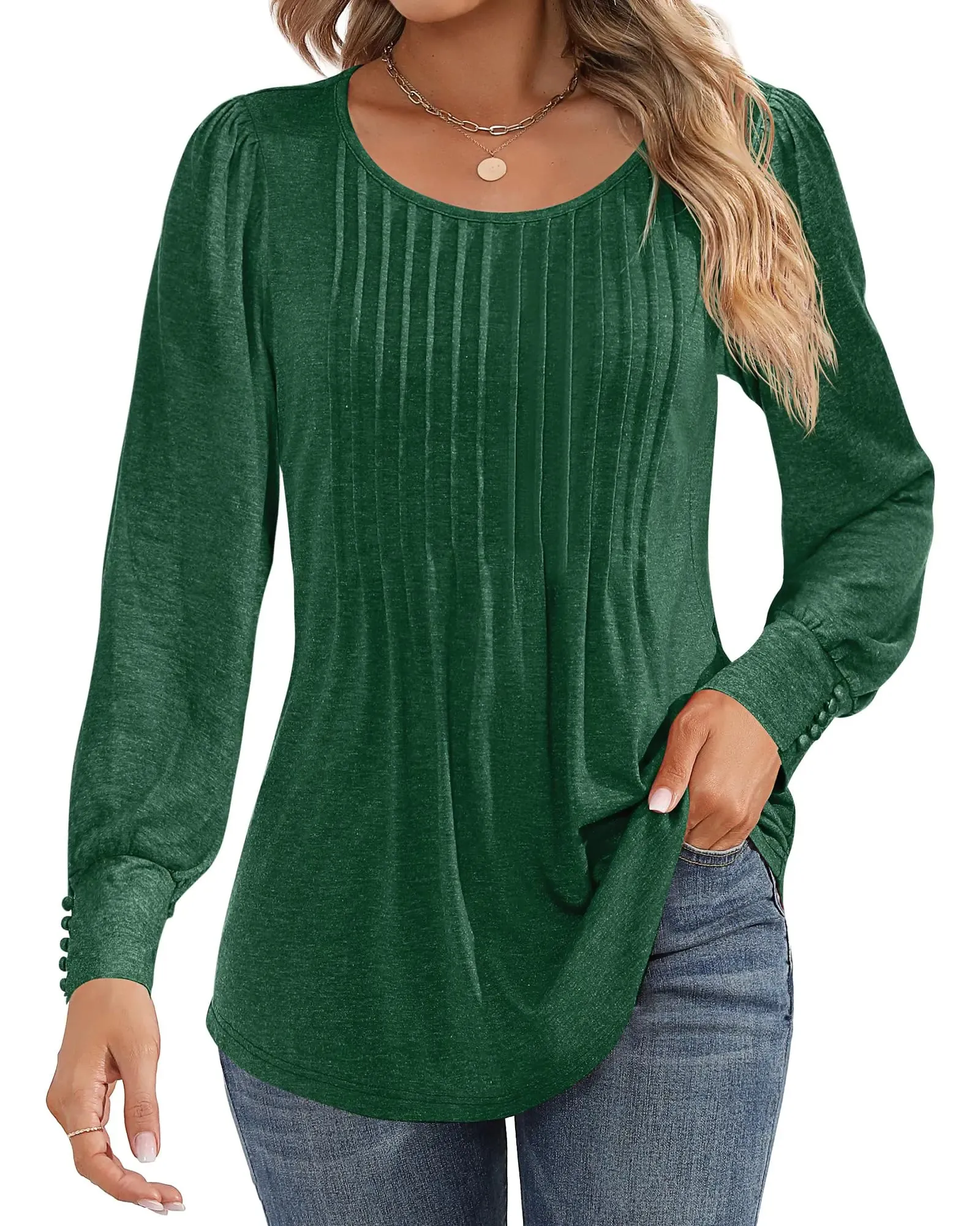 Ficerd Women's Puff Long Sleeve Tunic Tops Pleated Crew Neck Blouses Dressy Casual Loose Fit Fall and Winter Shirts Pink Floral Large