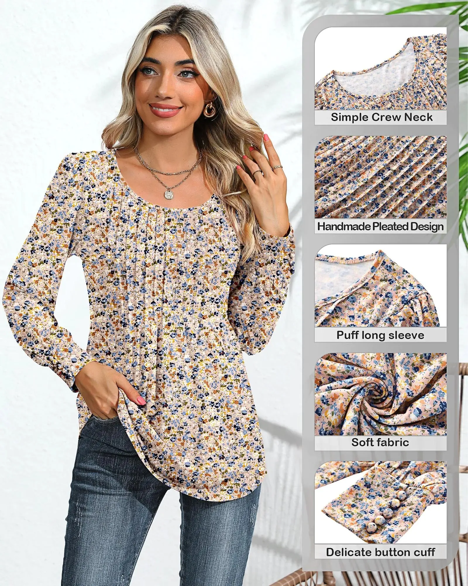 Ficerd Women's Puff Long Sleeve Tunic Tops Pleated Crew Neck Blouses Dressy Casual Loose Fit Fall and Winter Shirts Pink Floral Large