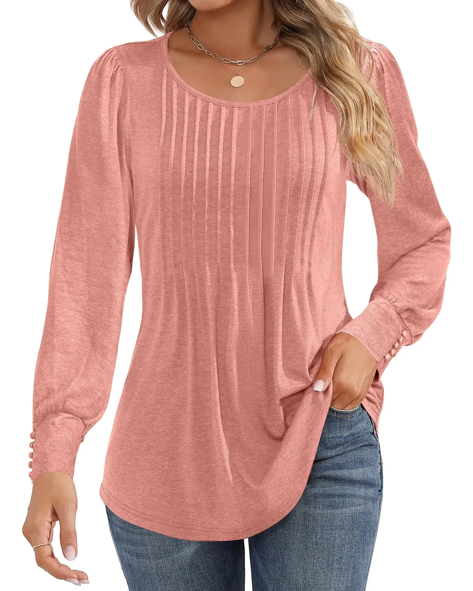 Ficerd Women's Puff Long Sleeve Tunic Tops Pleated Crew Neck Blouses Dressy Casual Loose Fit Fall and Winter Shirts Pink Floral Large