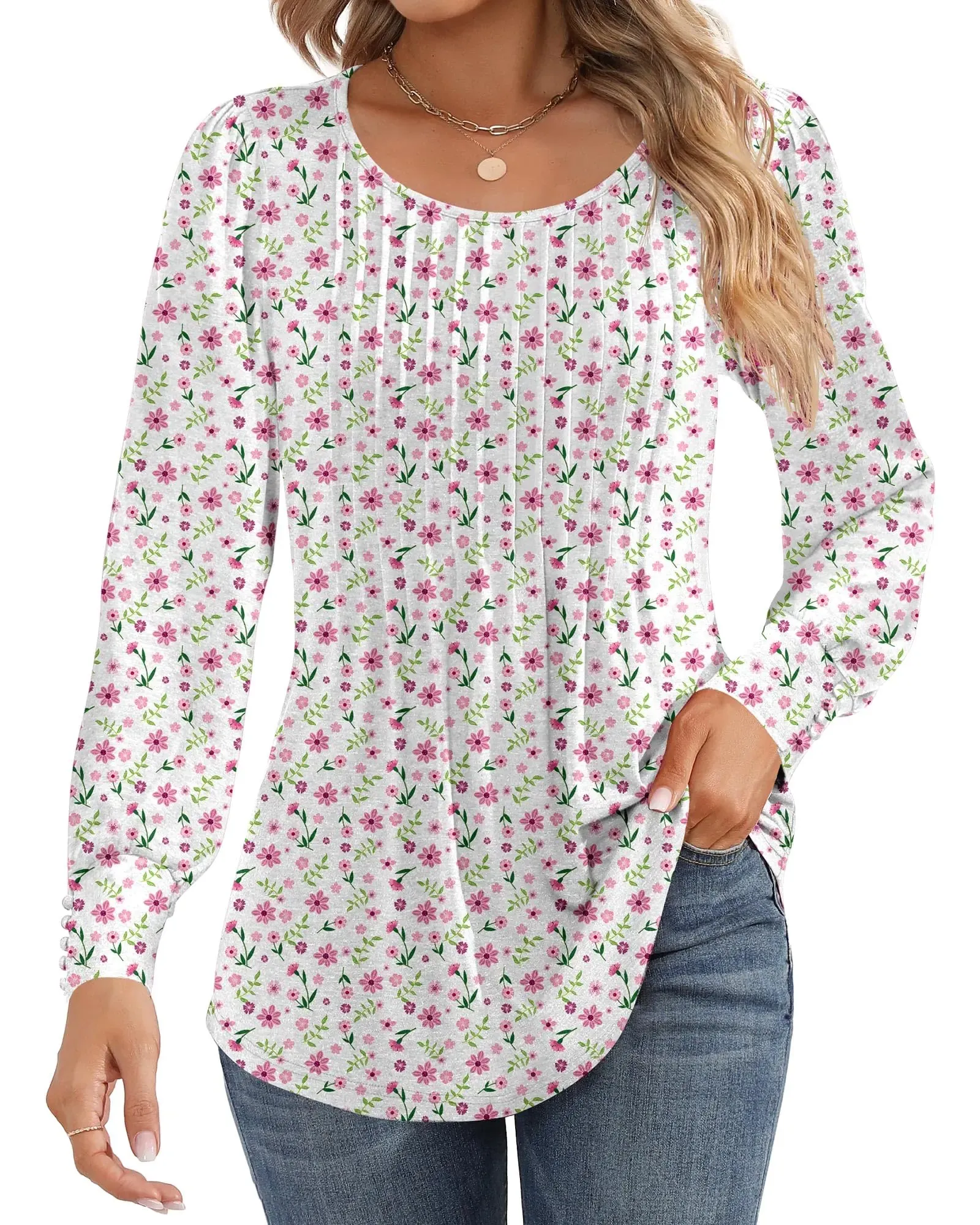 Ficerd Women's Puff Long Sleeve Tunic Tops Pleated Crew Neck Blouses Dressy Casual Loose Fit Fall and Winter Shirts Pink Floral Large