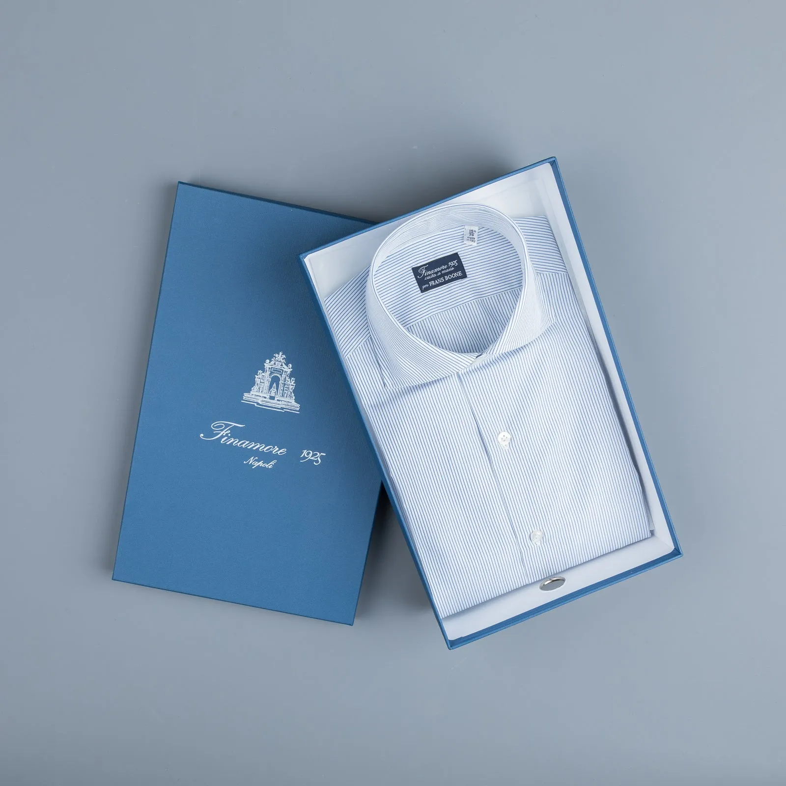 Finamore Napoli Shirt Eduardo Collar Alumo Navy Pencil Stripe