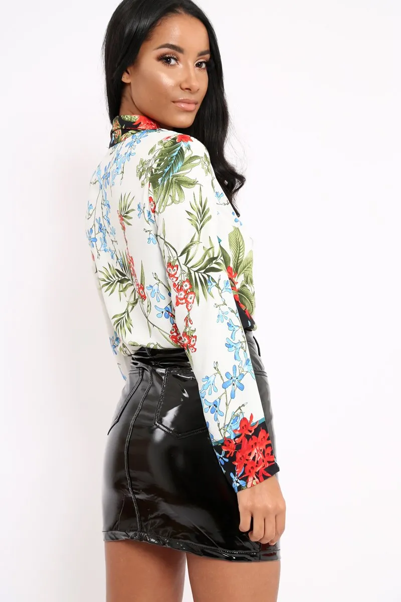 Floral Button Down Blouse with Black Contrast - Katherine