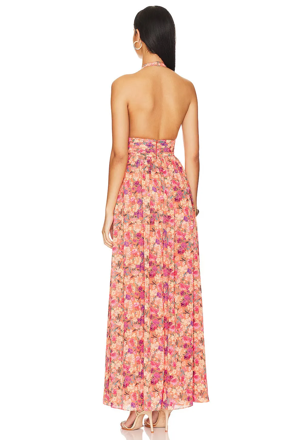 Floral Cross Collar Lace Pleated Sleeve Maxi Dress