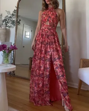 Floral Cross Collar Lace Pleated Sleeve Maxi Dress