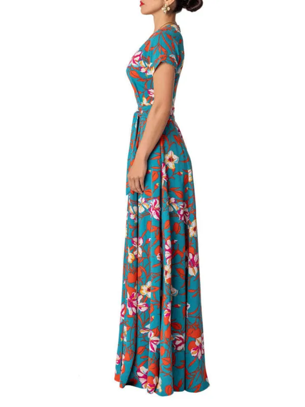 Floral Maxi Dress with Lace-Up Waist and High Slit