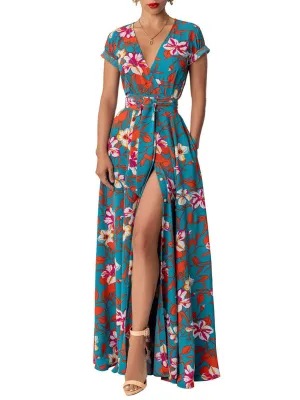 Floral Maxi Dress with Lace-Up Waist and High Slit