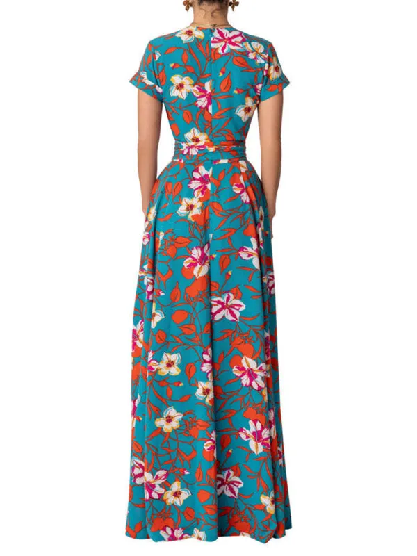 Floral Maxi Dress with Lace-Up Waist and High Slit