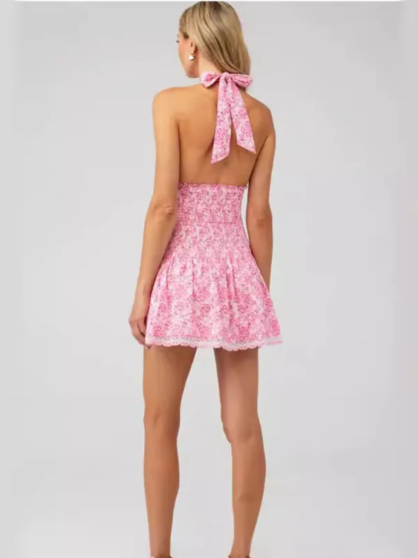 Floral Mini Dress with Deep V-Neck and Lace-Up Waist