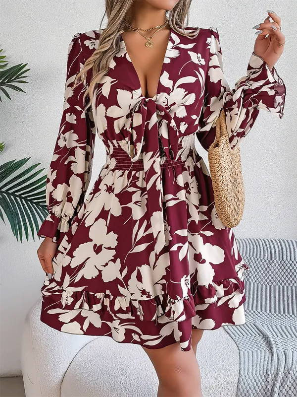 Floral Print A-Line Dress with Lace-Up Front and Smocked Waist