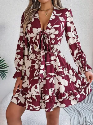 Floral Print A-Line Dress with Lace-Up Front and Smocked Waist
