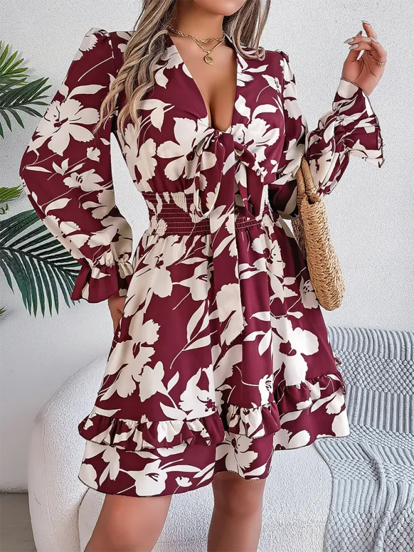Floral Print A-Line Dress with Lace-Up Front and Smocked Waist