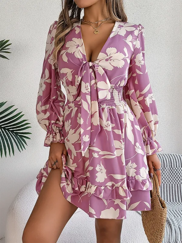 Floral Print A-Line Dress with Lace-Up Front and Smocked Waist